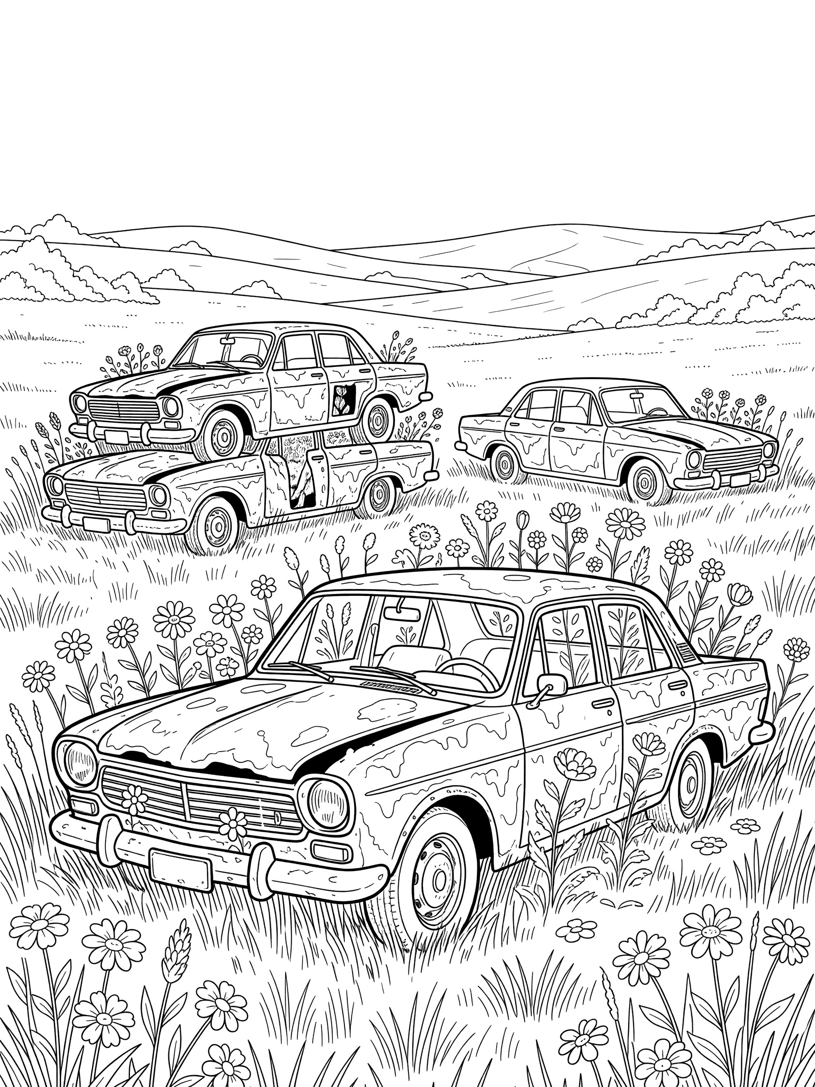 Black and white line art coloring page showing rusty junk cars in a field with tall grass, flowers, stacked cars, broken headlights, and distant hills.