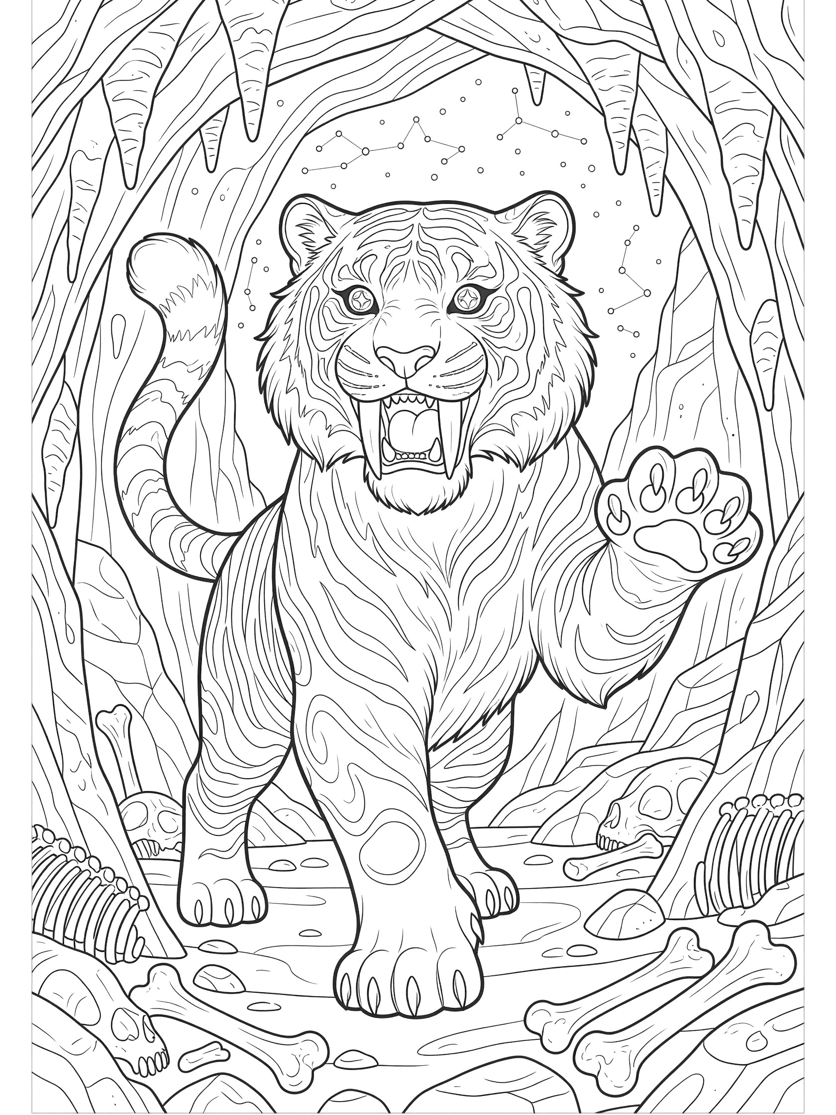 Black-and-white coloring page of a majestic saber-toothed tiger with long fangs roaring at the entrance of a rocky cave filled with stalactites, scattered bones, and starry depths.