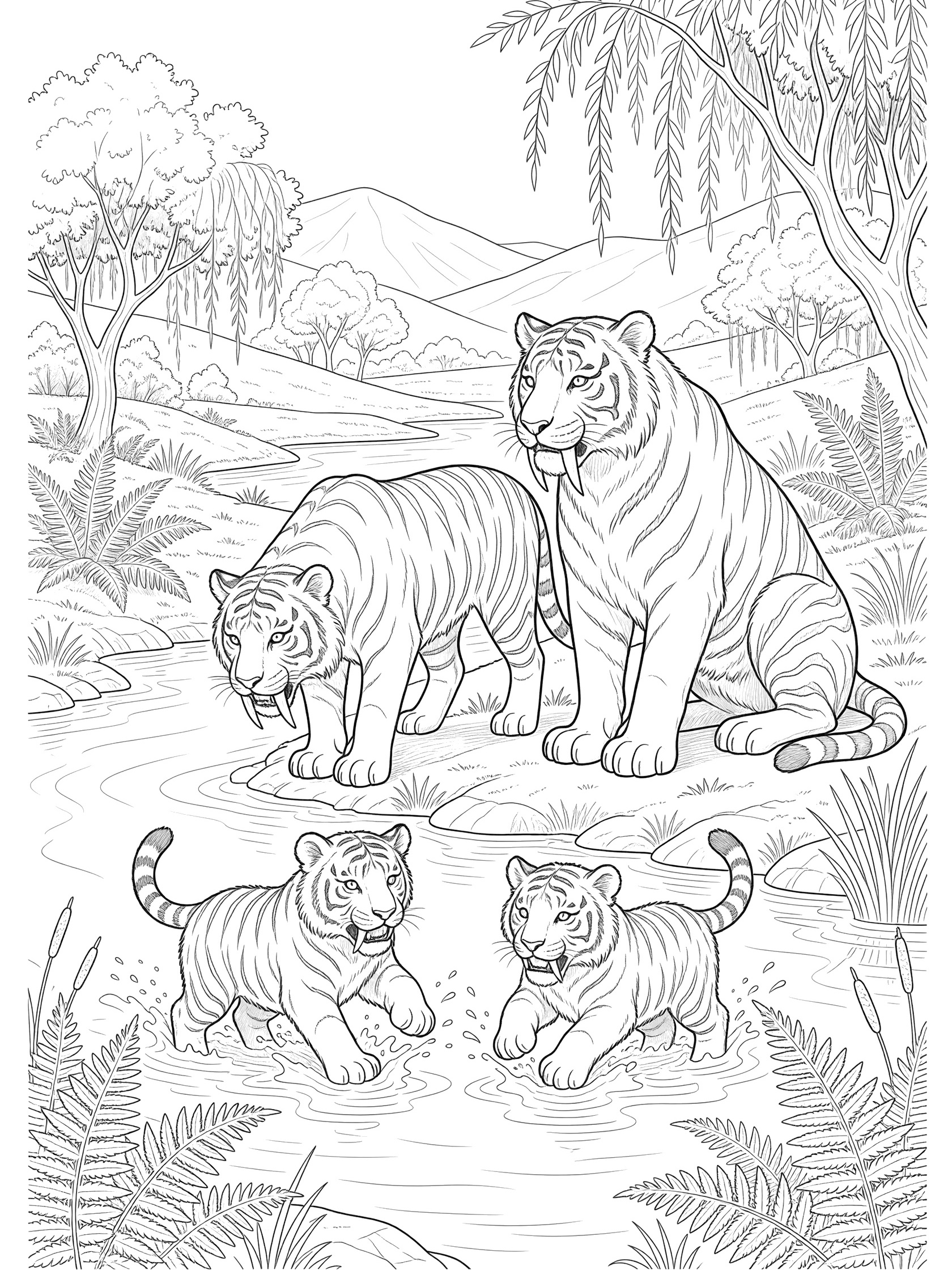 Line art coloring page showing saber-toothed tiger family near a river with cubs splashing in water, parents nearby, surrounded by ferns, reeds, willow trees, and hills.