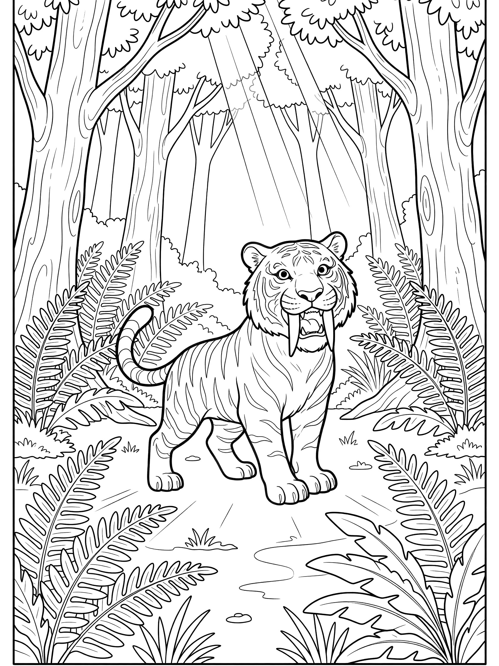 Black and white line art coloring page showing a cute saber-toothed tiger with long fangs in a forest of tall trees, ferns, and sunlight rays.