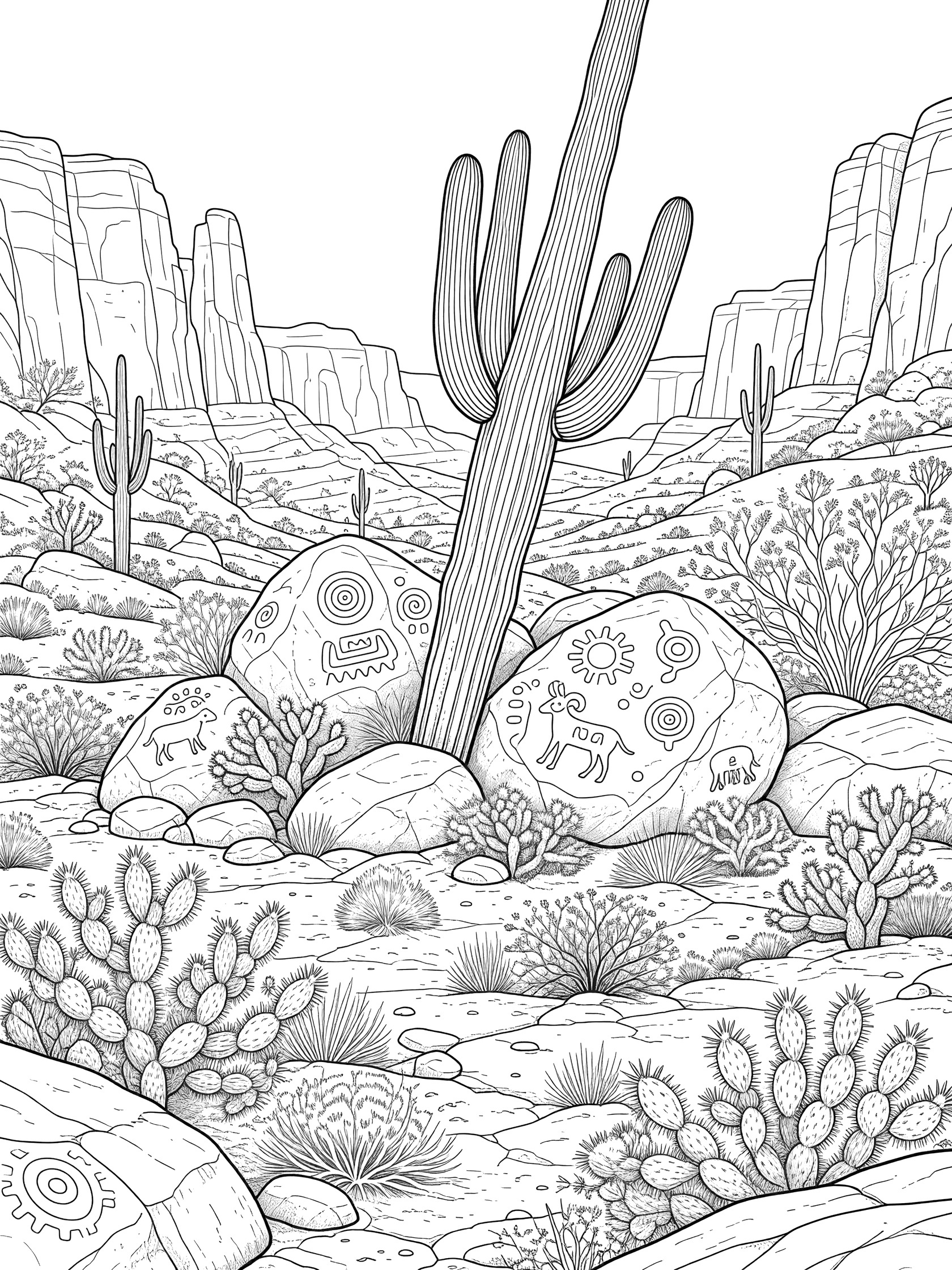 Black and white coloring page of a massive saguaro cactus next to rocks covered in petroglyph patterns in a rugged desert canyon with small plants.
