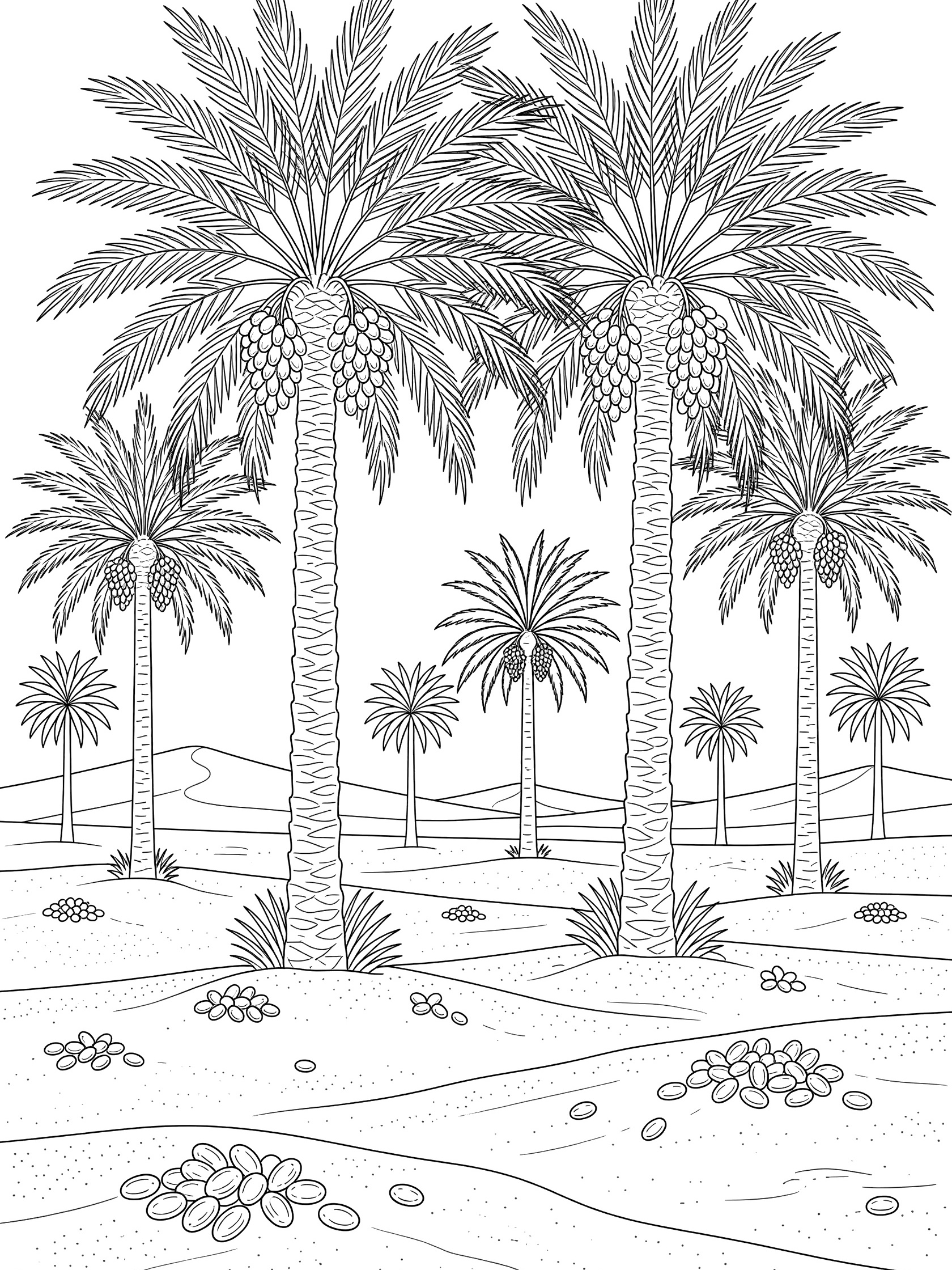 Black and white line art of Sahara Desert palm trees with date clusters and fallen dates on sandy ground