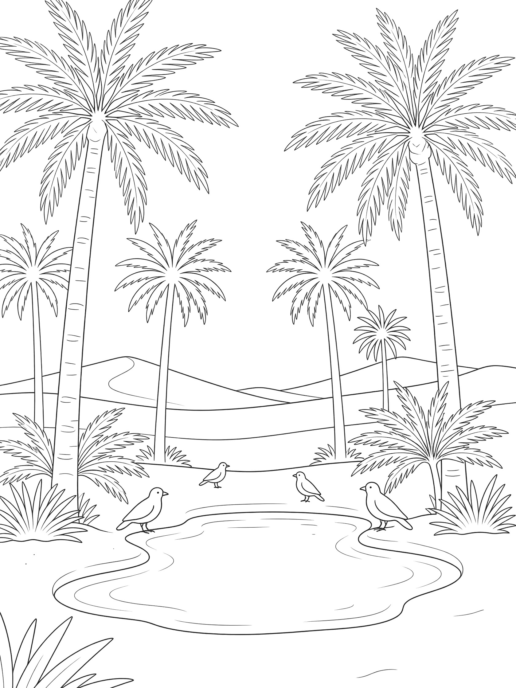 Black-and-white coloring page of a Sahara Desert oasis featuring a pool surrounded by palm trees, birds perched nearby, and desert dunes in the background.