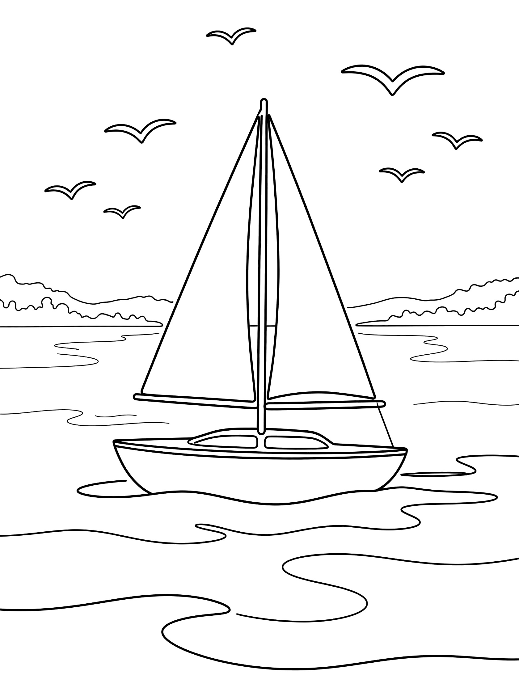 Black and white line drawing of a sailboat with sails on wavy water, seagulls flying above, and distant shoreline. The Great Lakes themed black and white printable line art