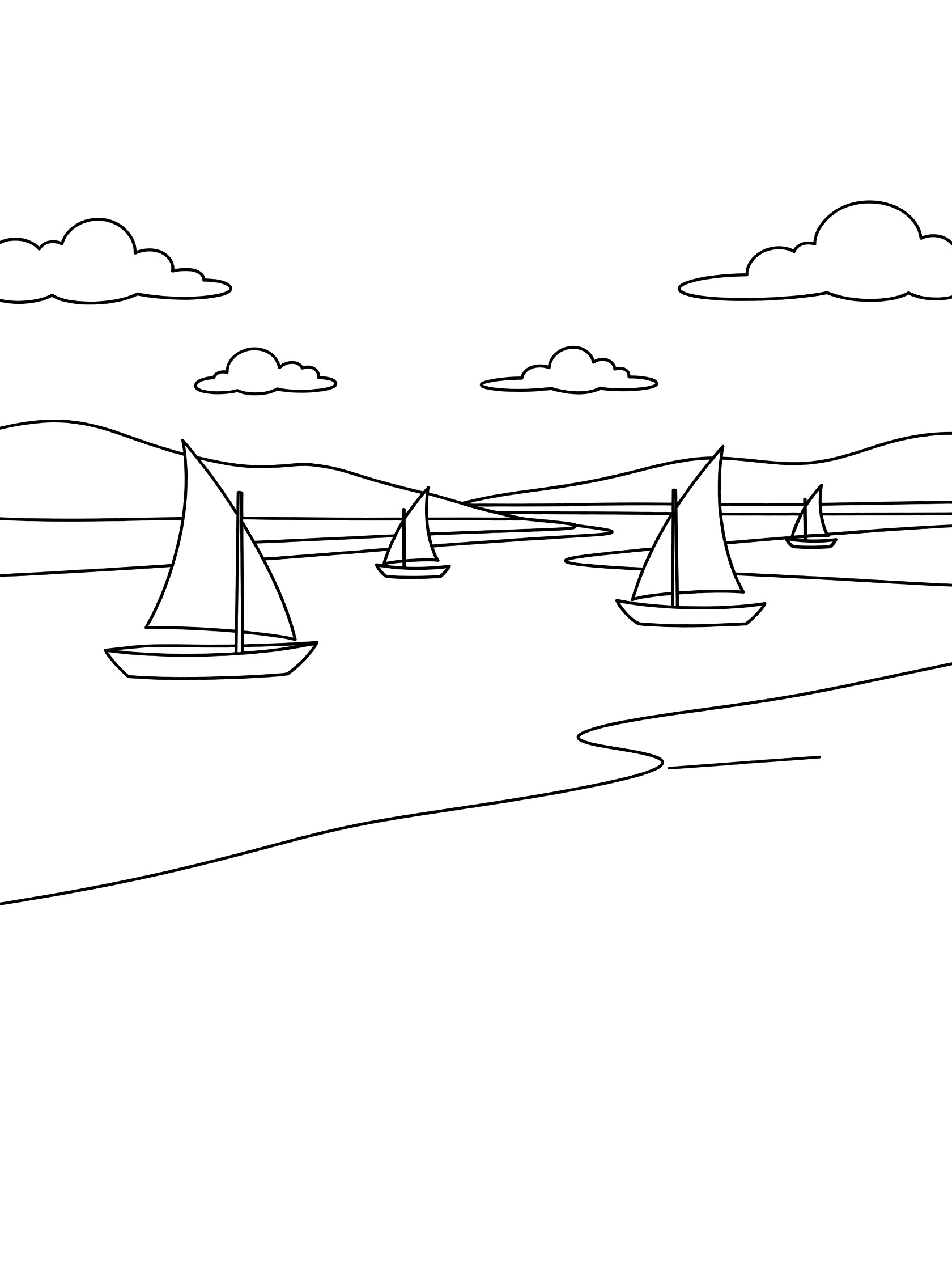 Black and white line art coloring page showing several sailboats on a winding river, distant hills, scattered clouds in the sky, and sandy riverbanks. Ganges River themed black and white printable line art