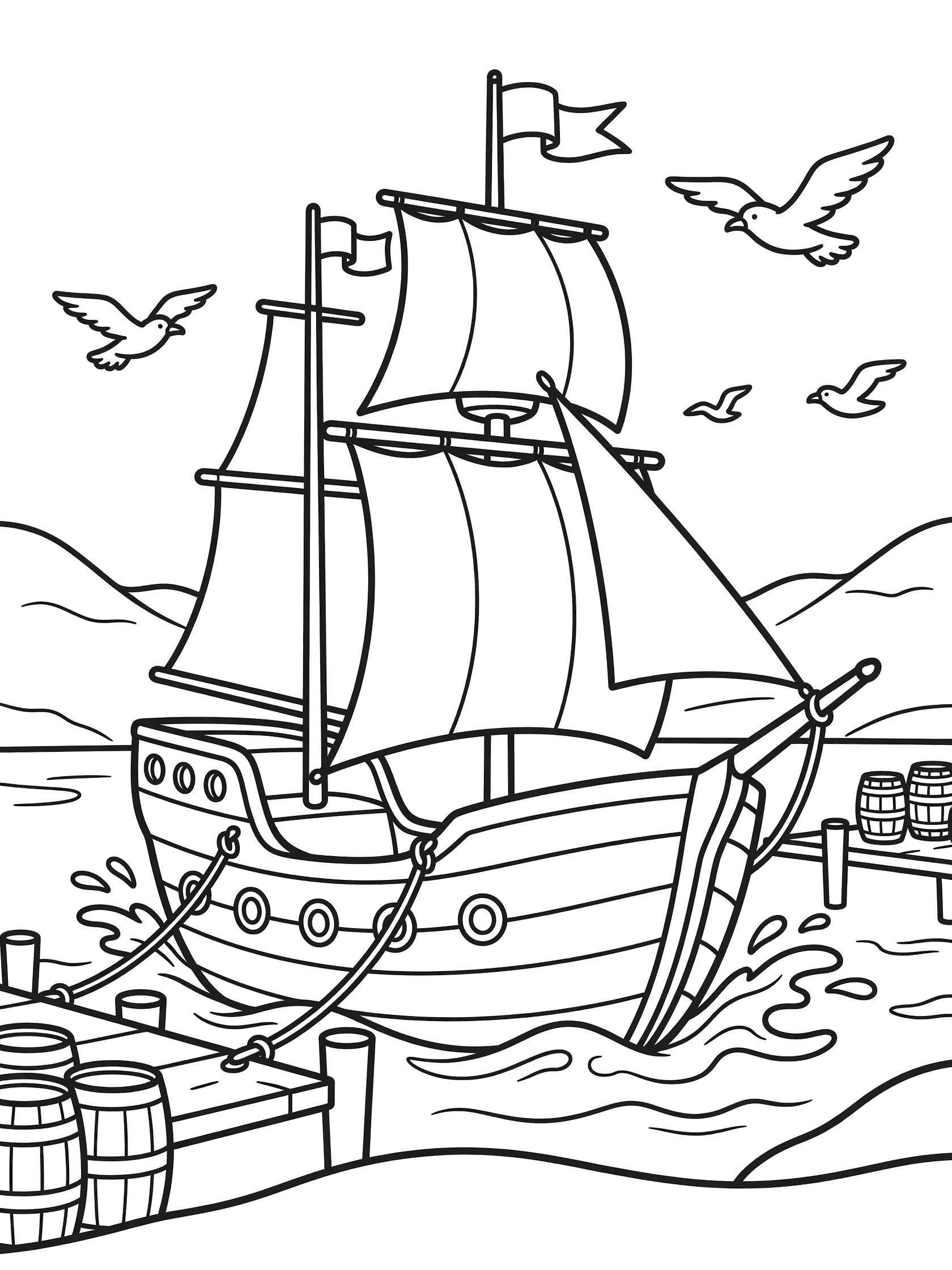 Black and white line art of a three-mast sailing ship tied to a dock with ropes, surrounded by waves, barrels, seagulls flying, and distant hills. Frigate themed black and white printable line art