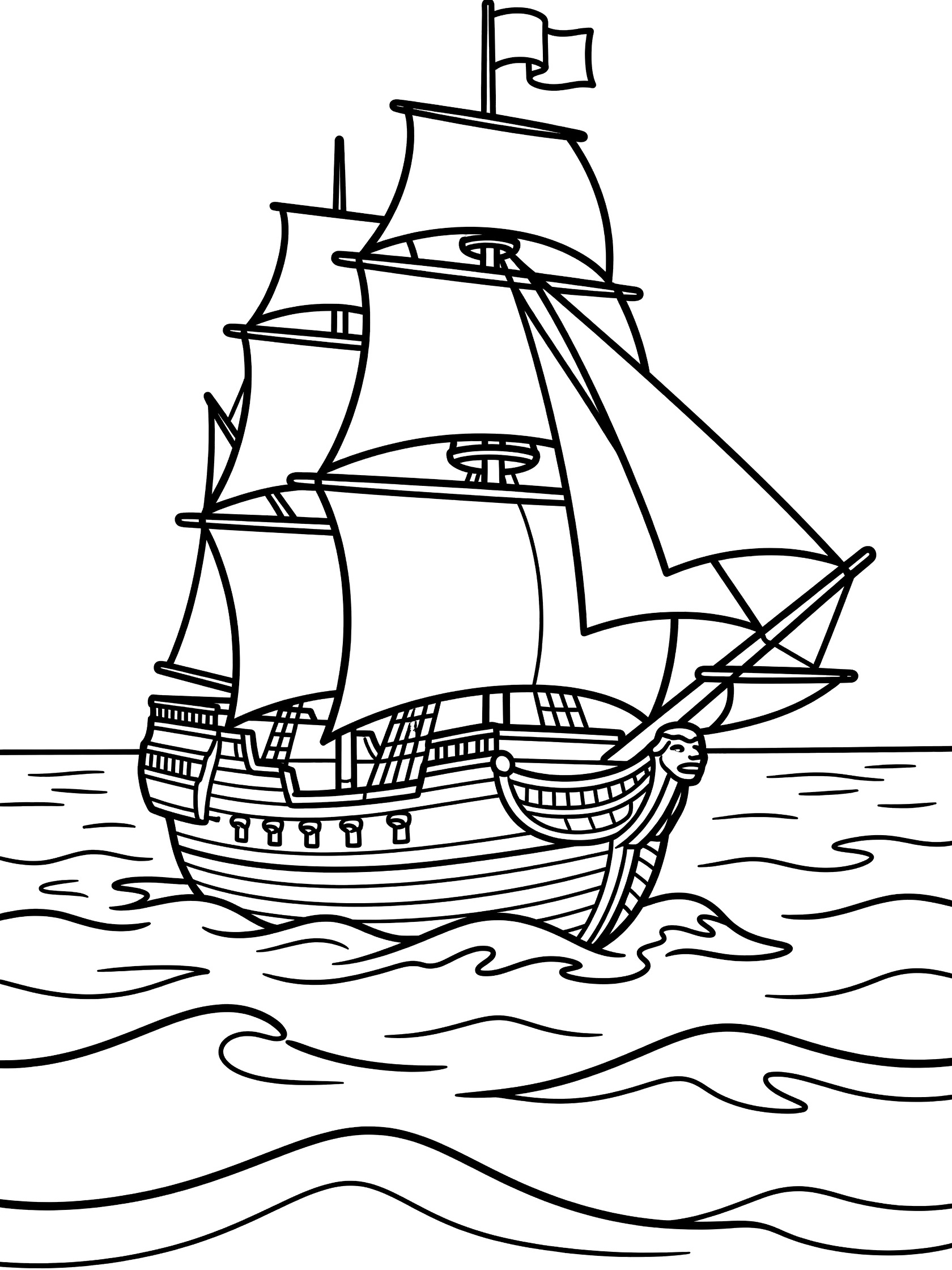 Black and white line drawing of a sailing ship with multiple sails and flags on wavy ocean waves. Frigate themed black and white printable line art