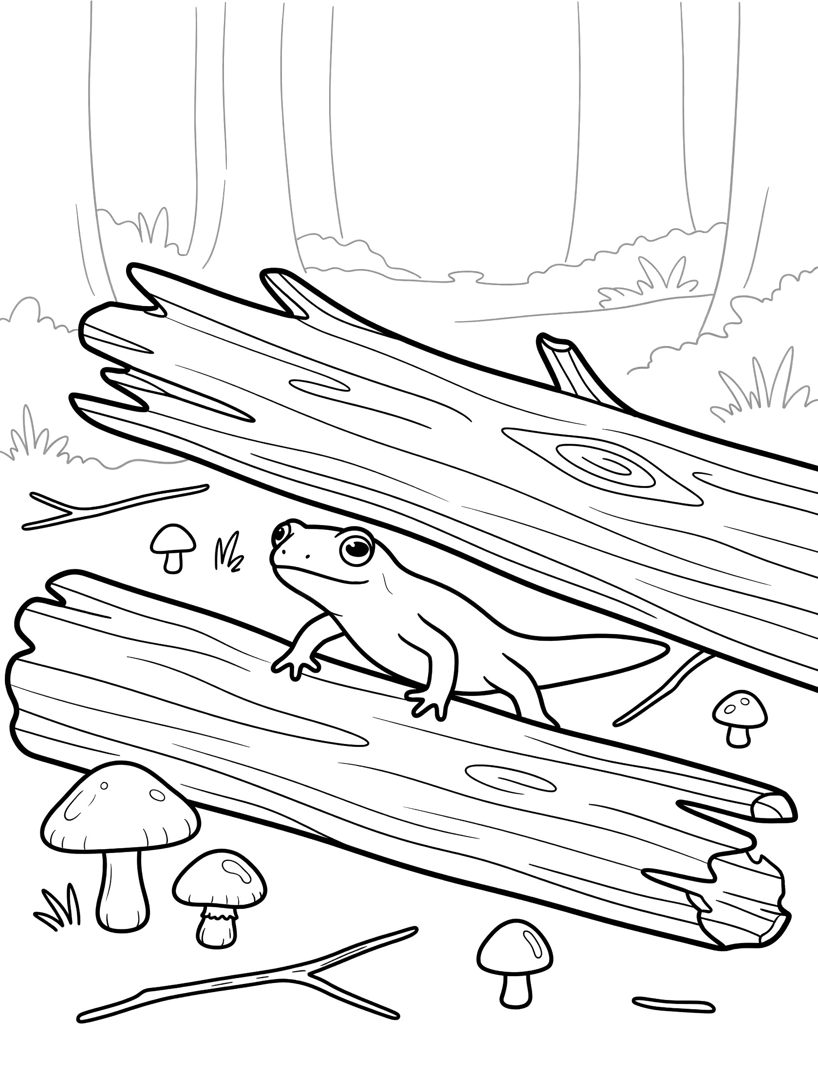 Black and white line art coloring page showing a salamander peeking from under stacked logs, surrounded by mushrooms and twigs.