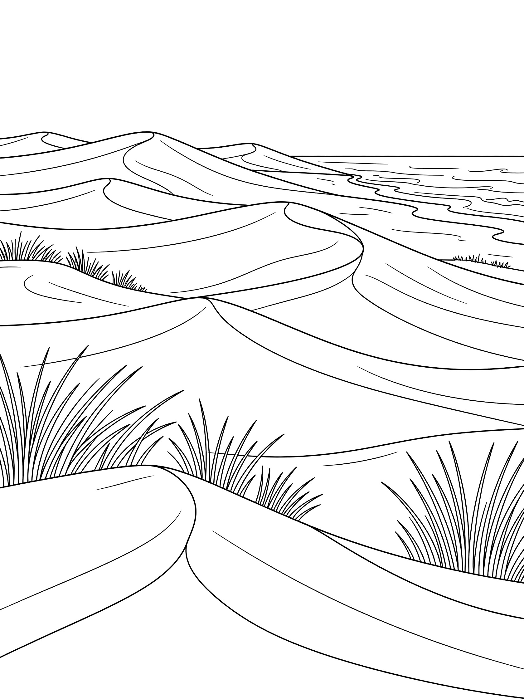 Printable coloring page showing curved sand dunes, tall beach grass, and gentle waves in simple black line art. Oregon Coast themed black and white printable line art