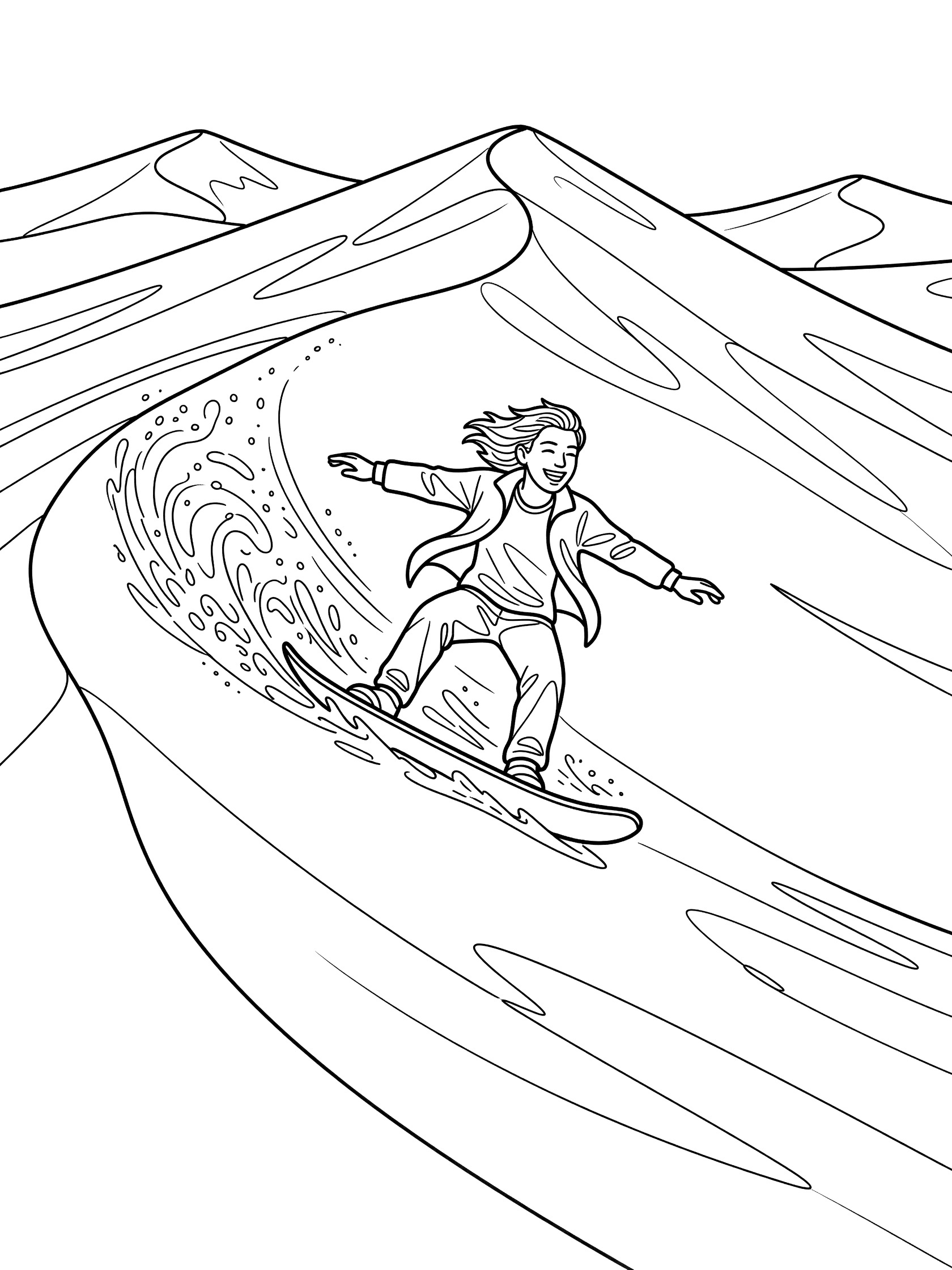 Line art coloring page showing a person sandboarding down a tall sand dune with sand spray and more dunes around under a clear sky.