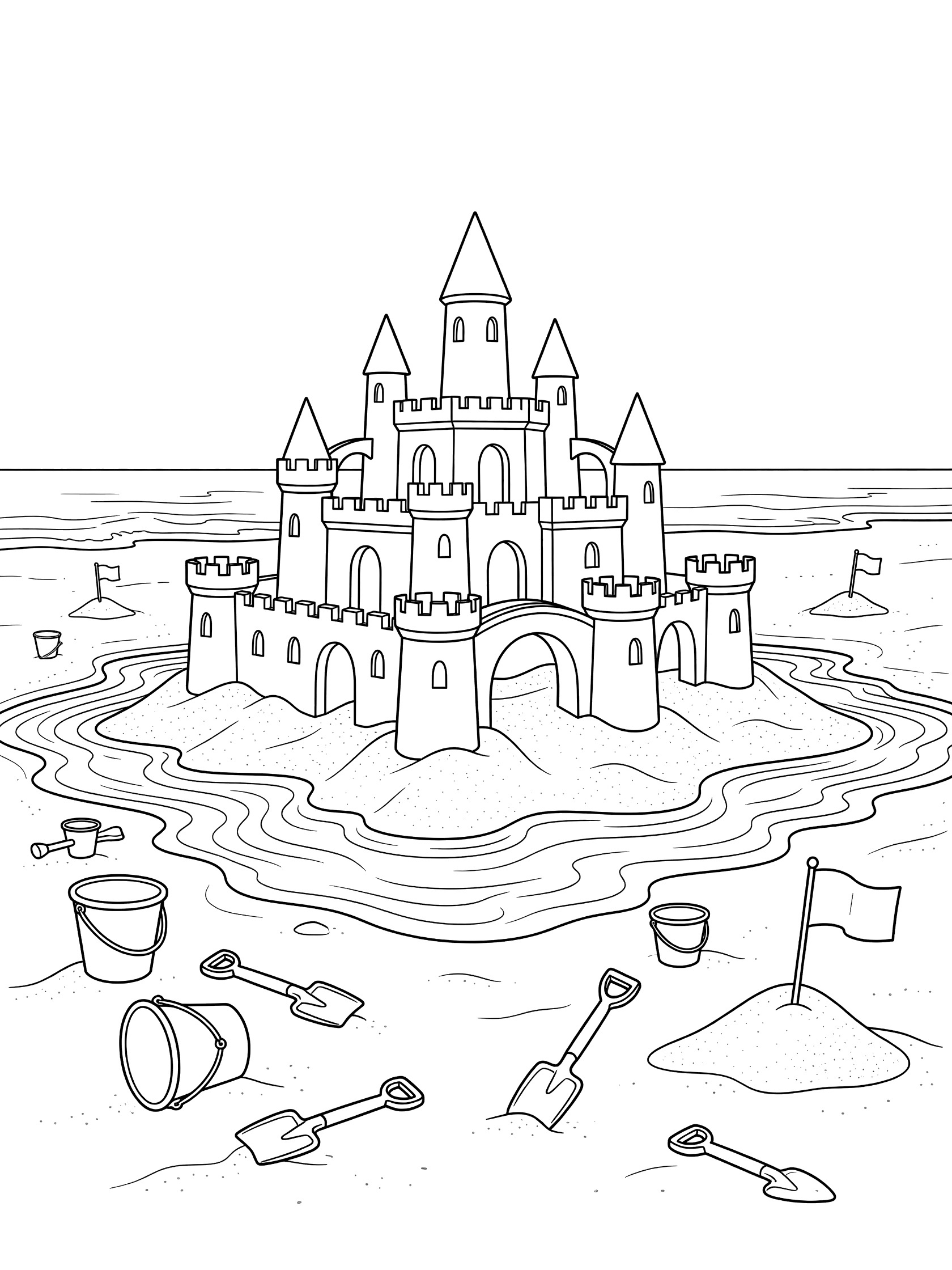 Black and white line art of a tall sandcastle on beach sand surrounded by waves in a moat, with buckets, shovels and flags nearby. Venice Beach themed black and white printable line art