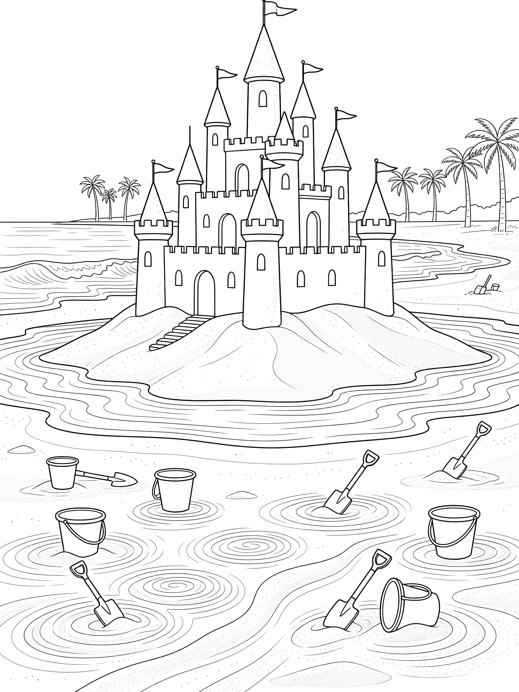 Black and white line art of a tall sandcastle with towers and flags on a sandy island surrounded by water patterns, buckets, shovels, ocean waves, and palm trees. Copacabana themed black and white printable line art