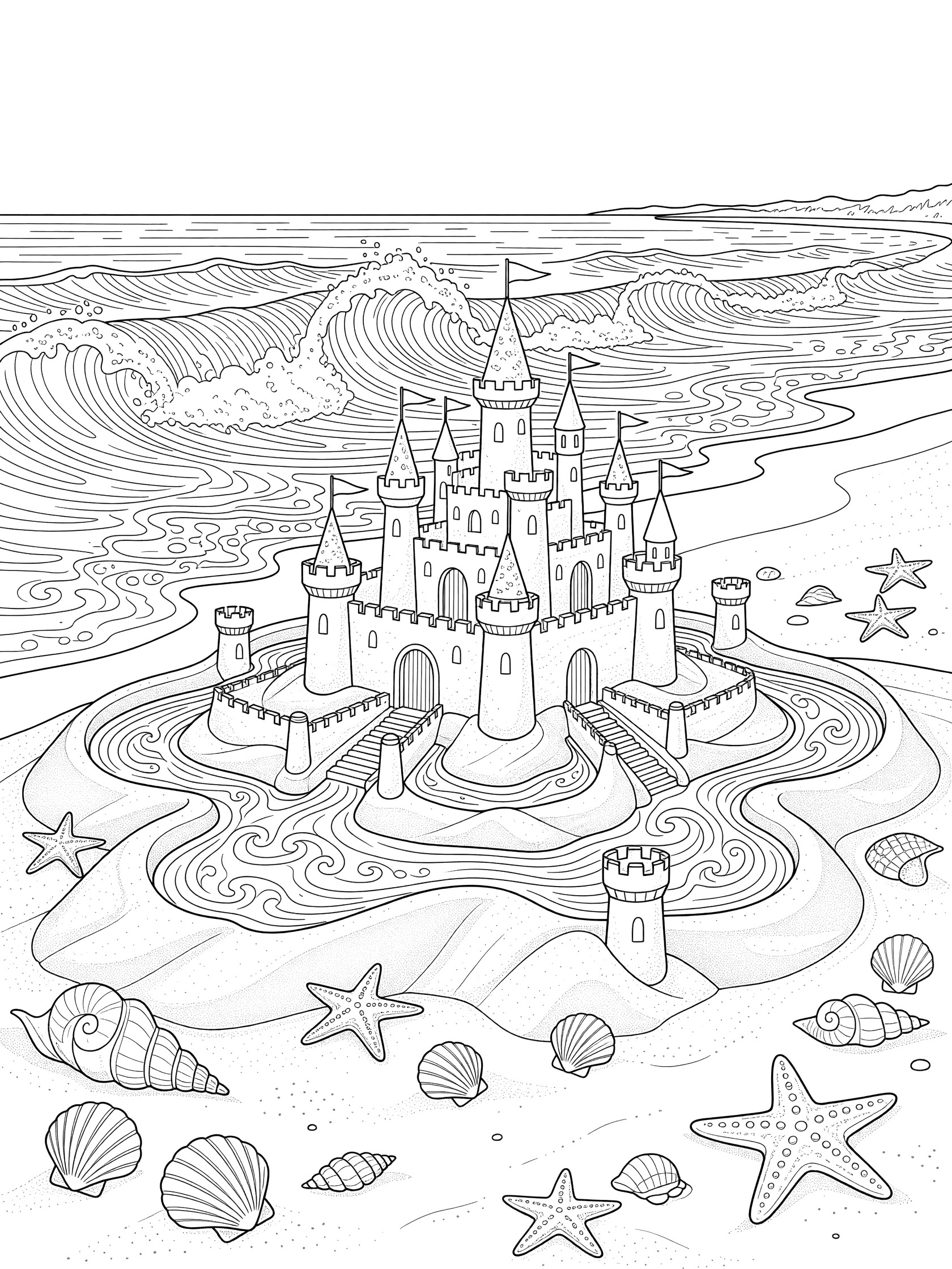 Black and white line art coloring page of a tall sandcastle with towers and flags on sandy beach surrounded by ocean waves, seashells, and starfish. J-Bay themed black and white printable line art