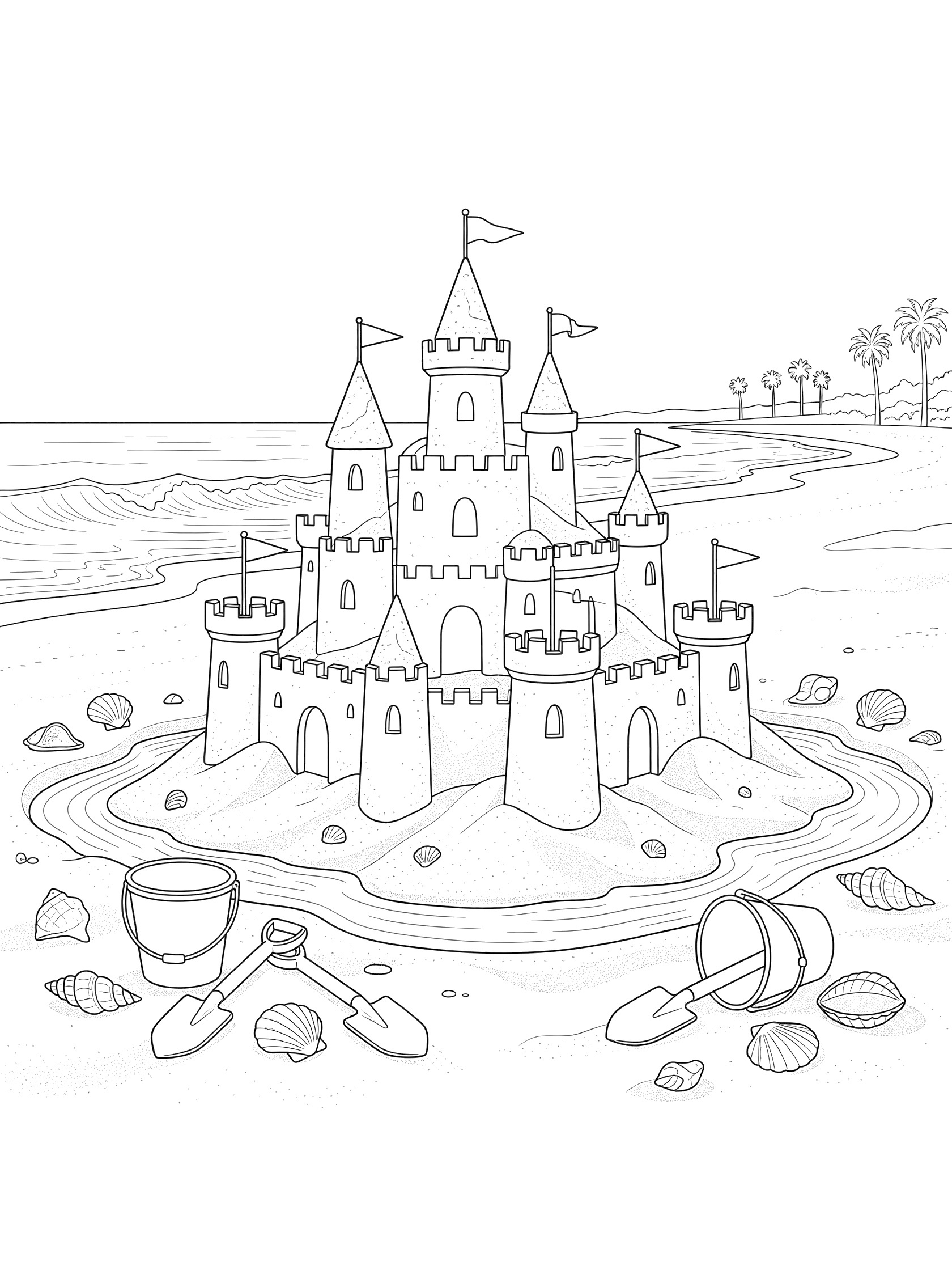 Detailed line art coloring page showing a sandcastle with towers and flags on a beach island surrounded by water, with buckets, shovels, seashells, palm trees, and waves. Santa Barbara themed black and white printable line art