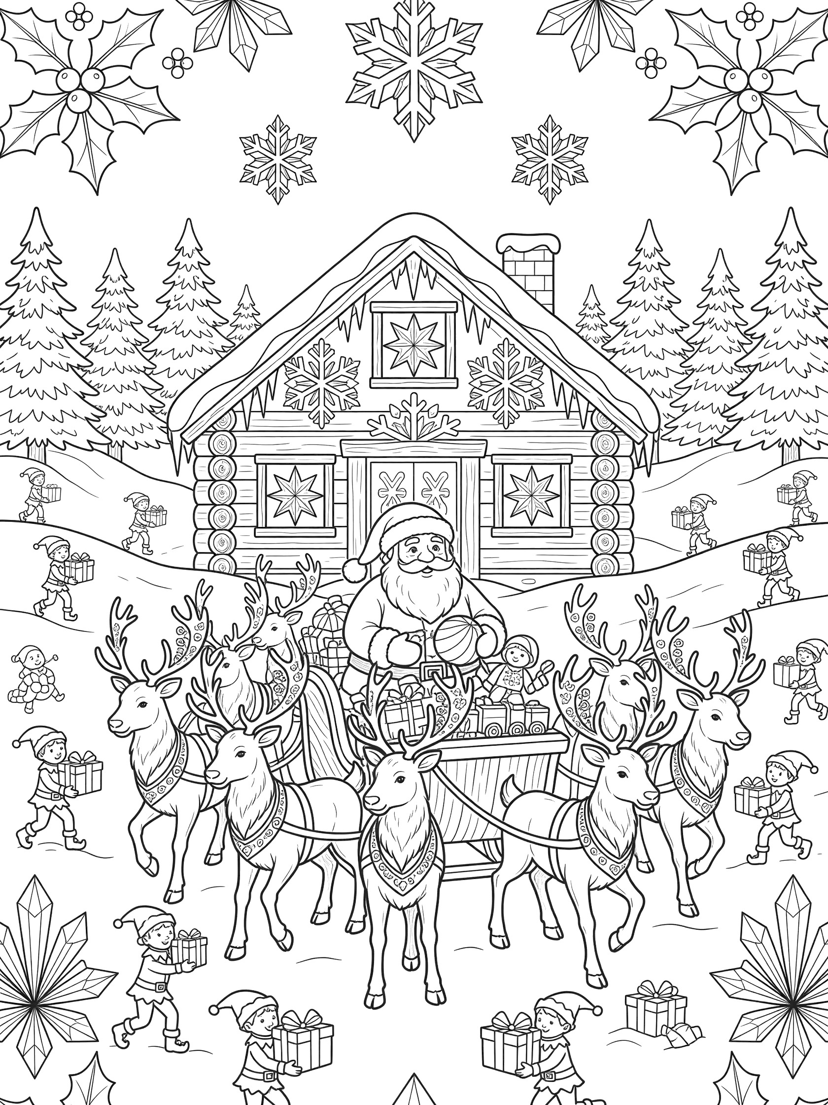 Black and white coloring page showing Santa Claus at the North Pole with his wooden sleigh, eight reindeer, elves carrying gifts, log cabin workshop, pine trees, and snowflake patterns.