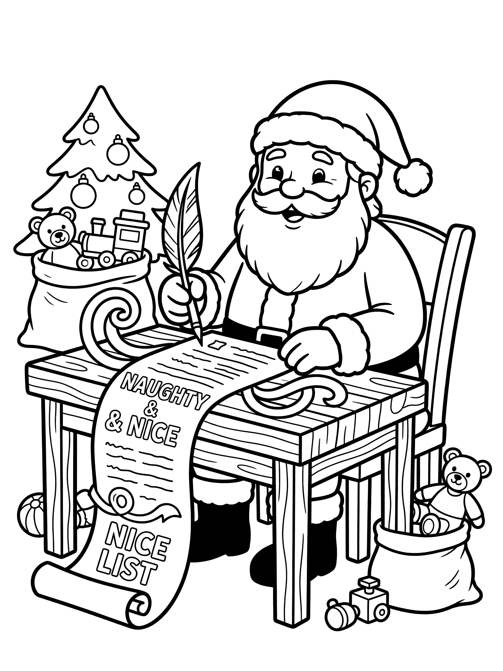 Black and white line art of Santa Claus happily checking his curly naughty and nice list at a wooden desk with quill pen, surrounded by toys, small Christmas tree, and gift sack.