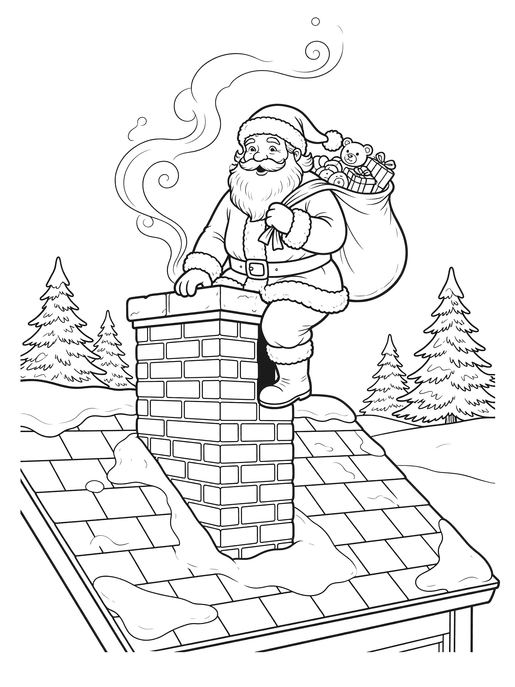 Line art coloring page showing Santa Claus in his suit gripping the edge of a tall brick chimney on a snowy rooftop, sack of toys over shoulder, smoke wisps and evergreen trees.