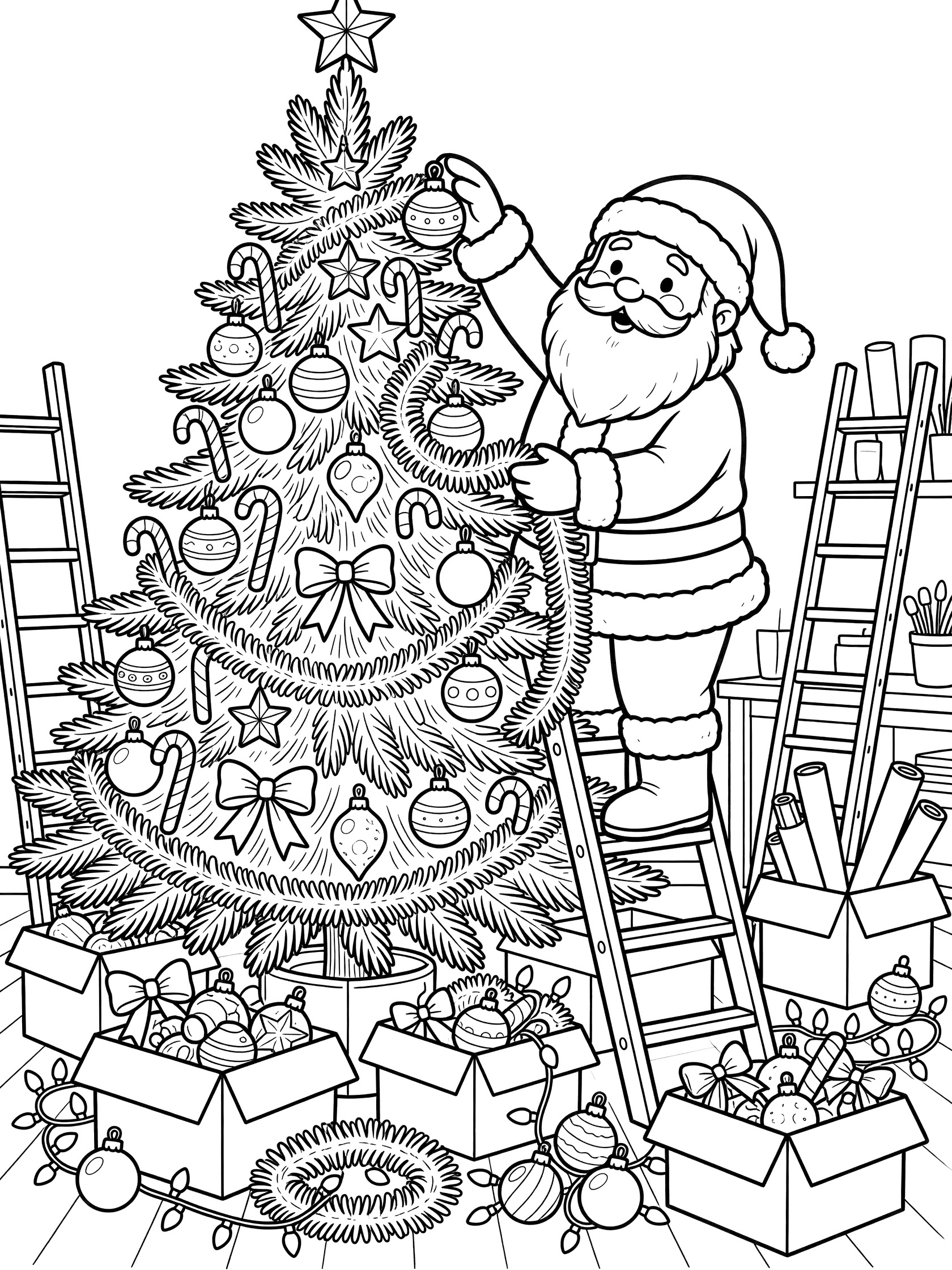Cute cartoon Santa Claus decorating a tall Christmas tree with stars, baubles, candy canes and tinsel while standing on a ladder in his workshop.