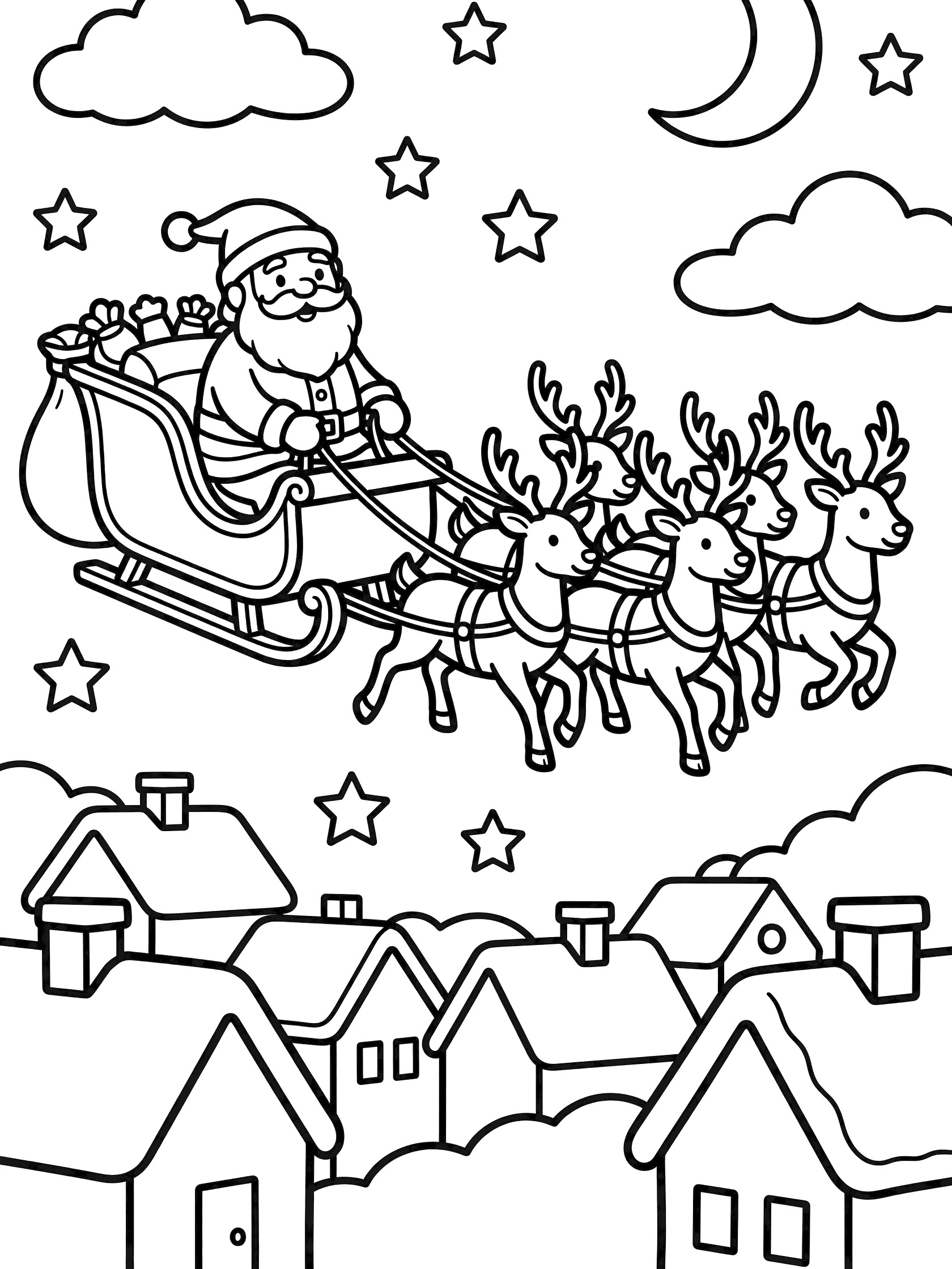 Line art coloring page showing Santa Claus in his sleigh holding reins, with sack of toys, flying over snowy houses pulled by eight reindeer in a night sky with stars, moon, and clouds.