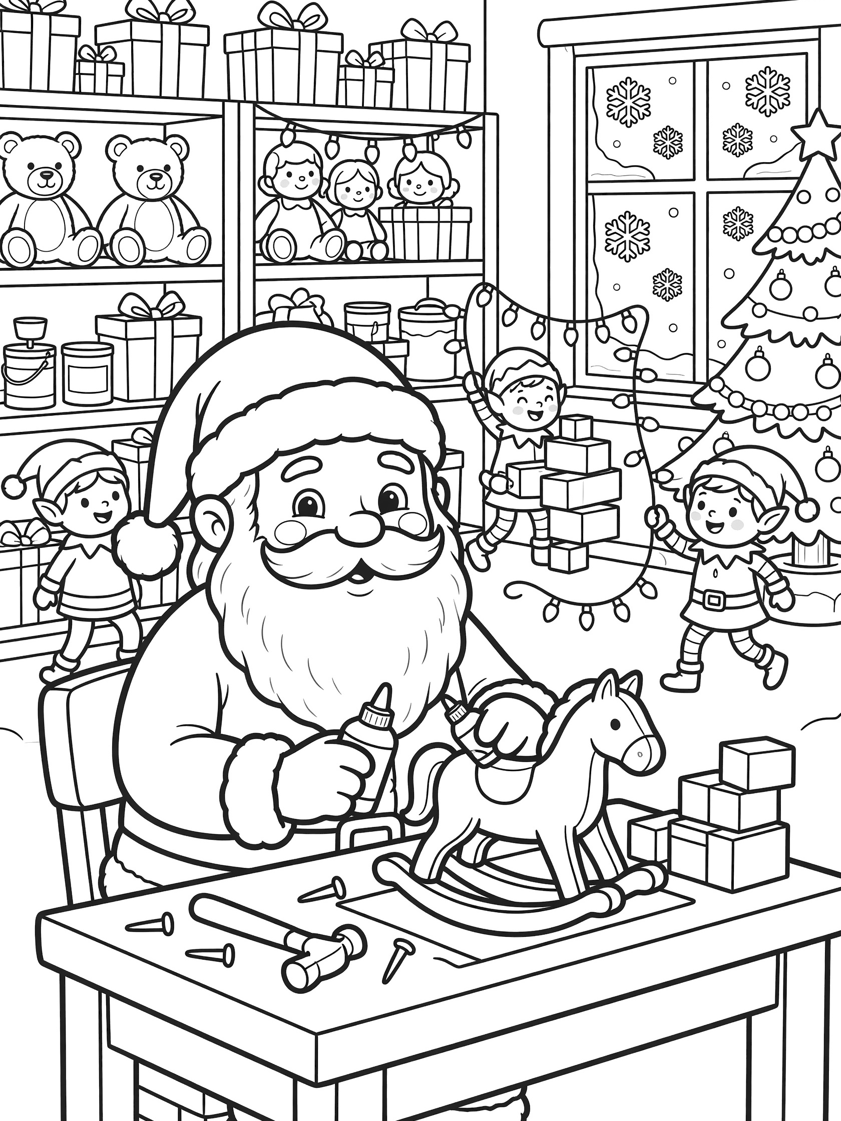 Black and white line art of Santa Claus with rosy cheeks and fluffy beard sitting at a wooden workbench gluing a rocking horse toy, elves carrying blocks and lights, shelves of presents and toys, snow outside frosty window.