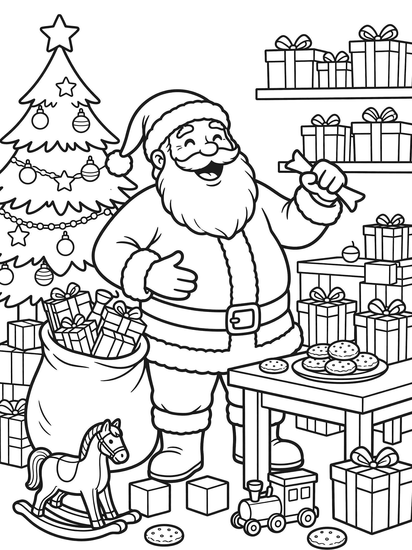 Black and white line art of Santa Claus laughing heartily, holding a toy, with sack of presents, wooden toys, cookies, and Christmas tree in his workshop