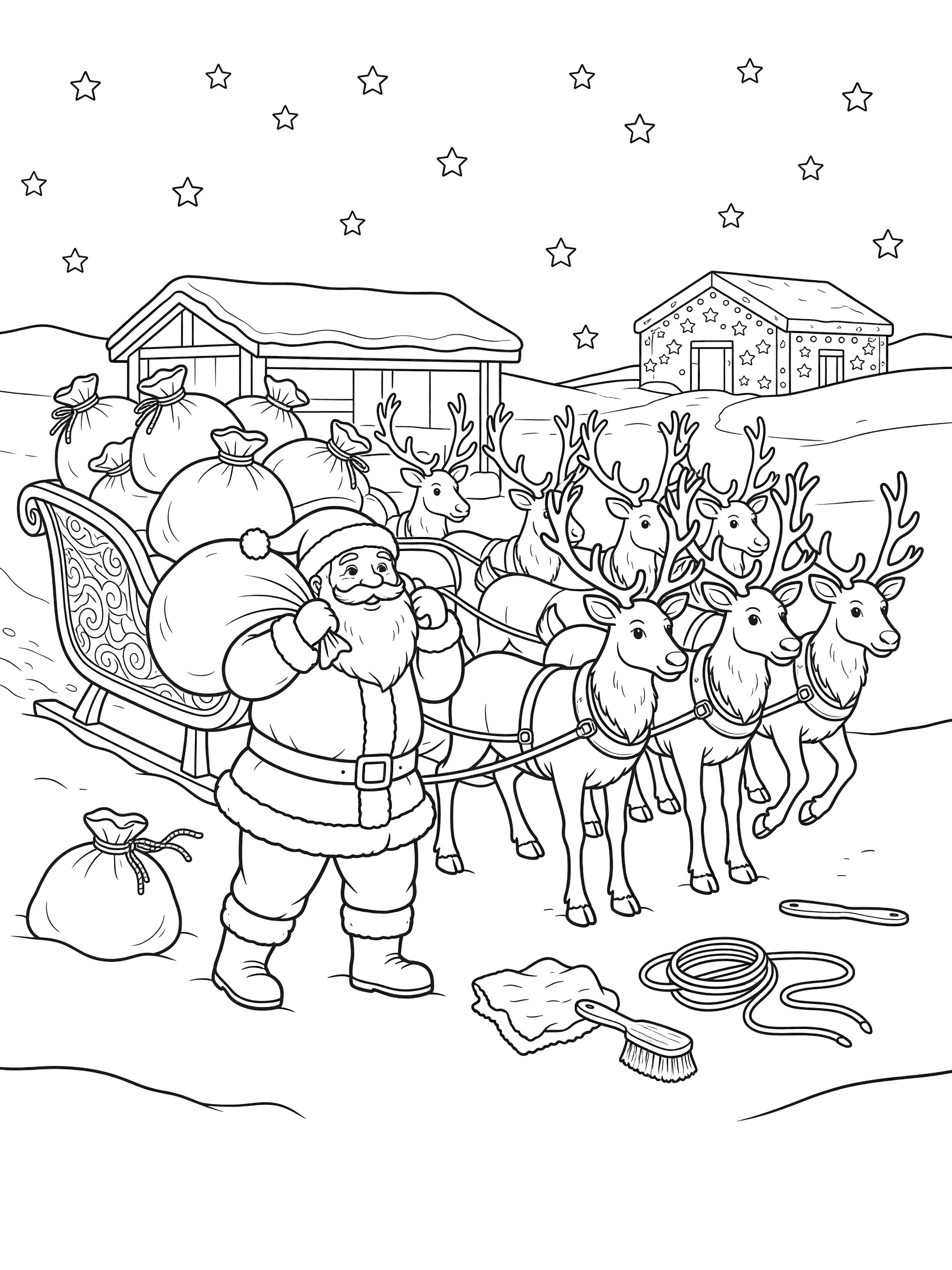 Black and white line art of Santa Claus preparing his sleigh by loading big sacks of presents while reindeer wait in the snow at the North Pole