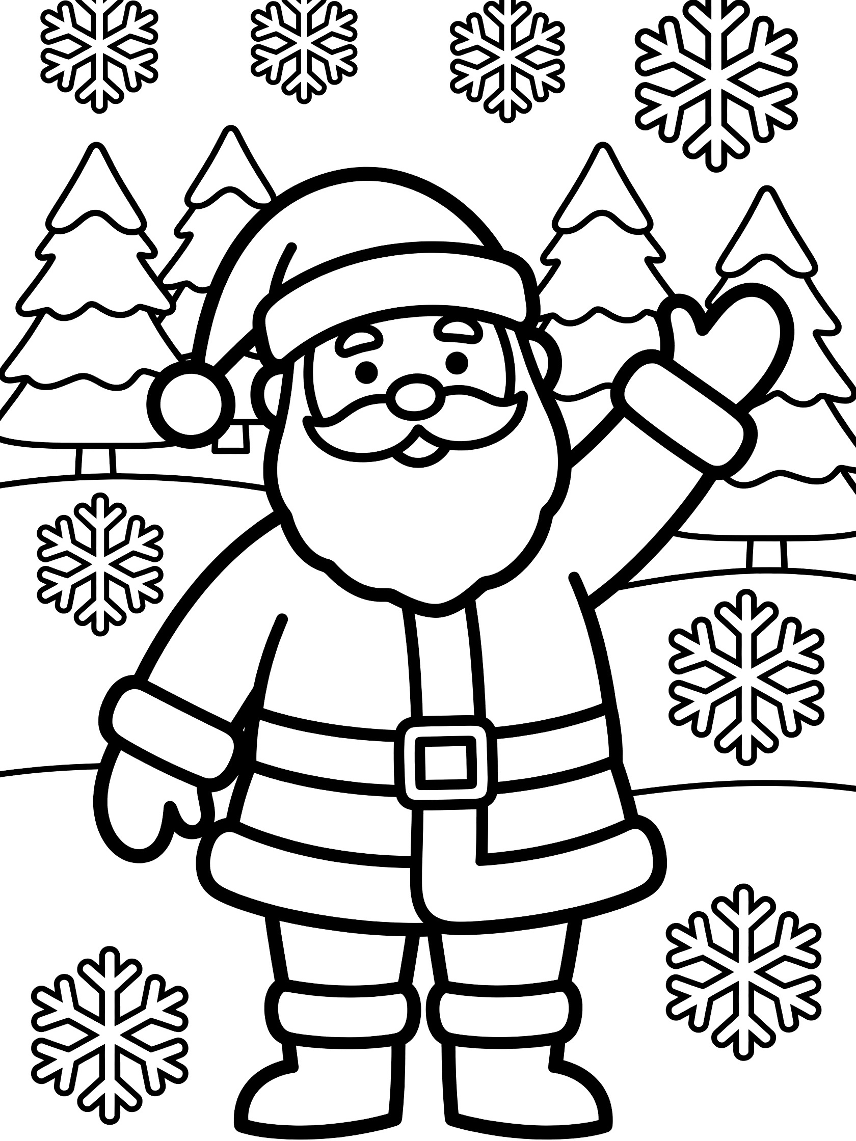 Black and white line art coloring page of Santa Claus waving hello in front of pine trees and snowflakes