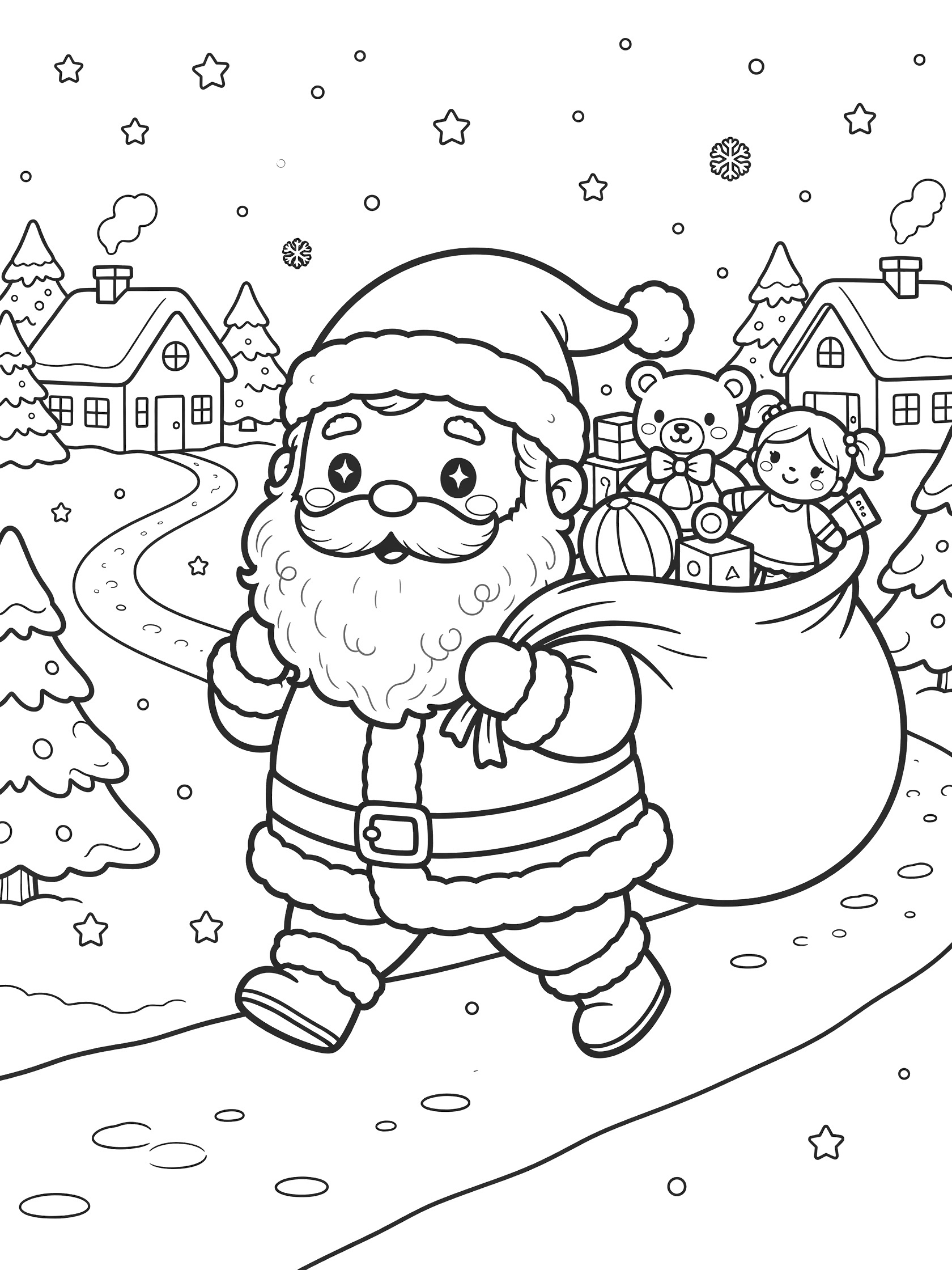 Black and white coloring page of chubby Santa Claus hoisting a bulging sack of toys over his shoulder on a snowy path with village houses and trees