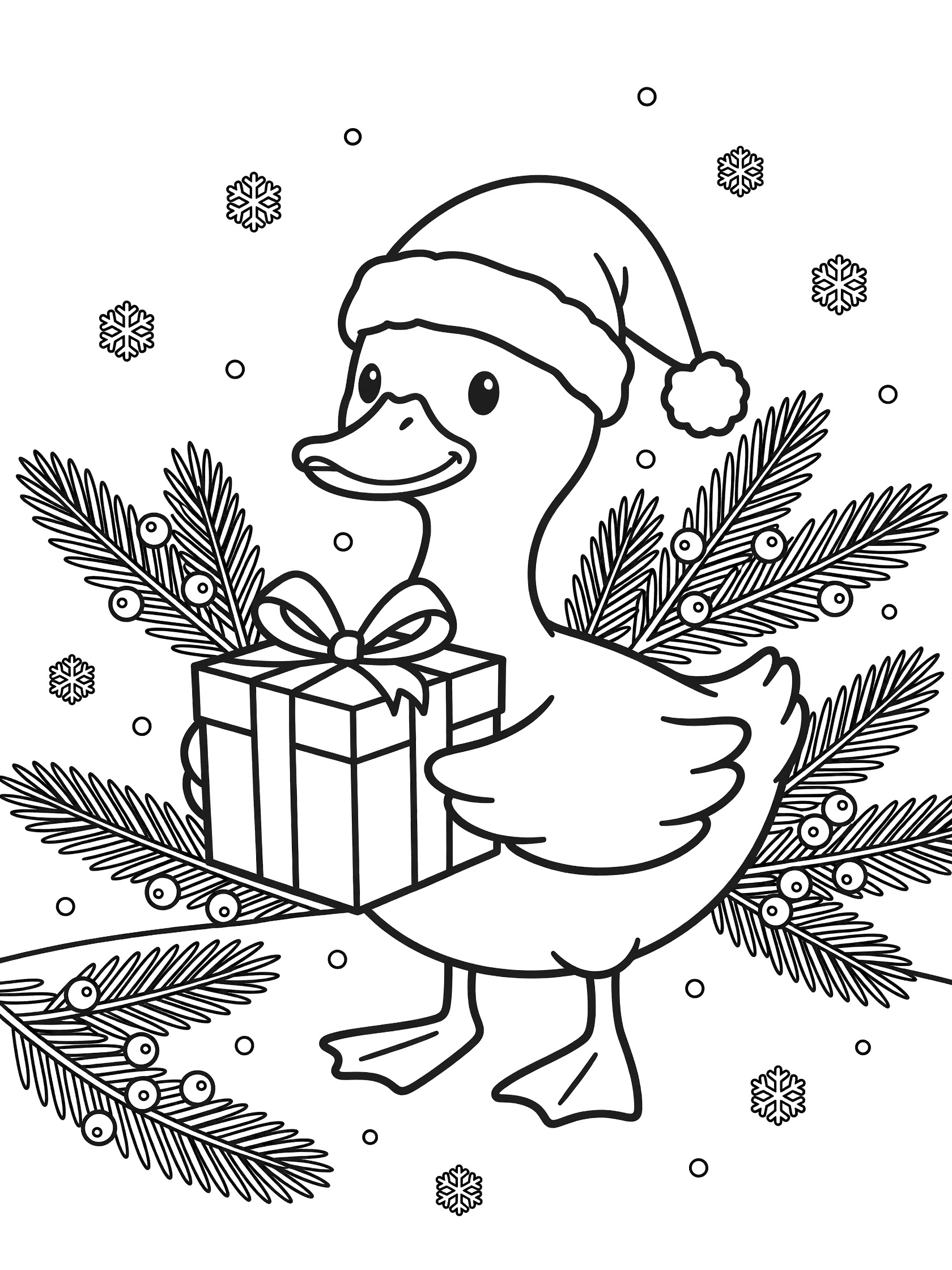 Printable coloring page showing a happy duck in Santa hat holding a gift box surrounded by pine branches, berries and snowflakes