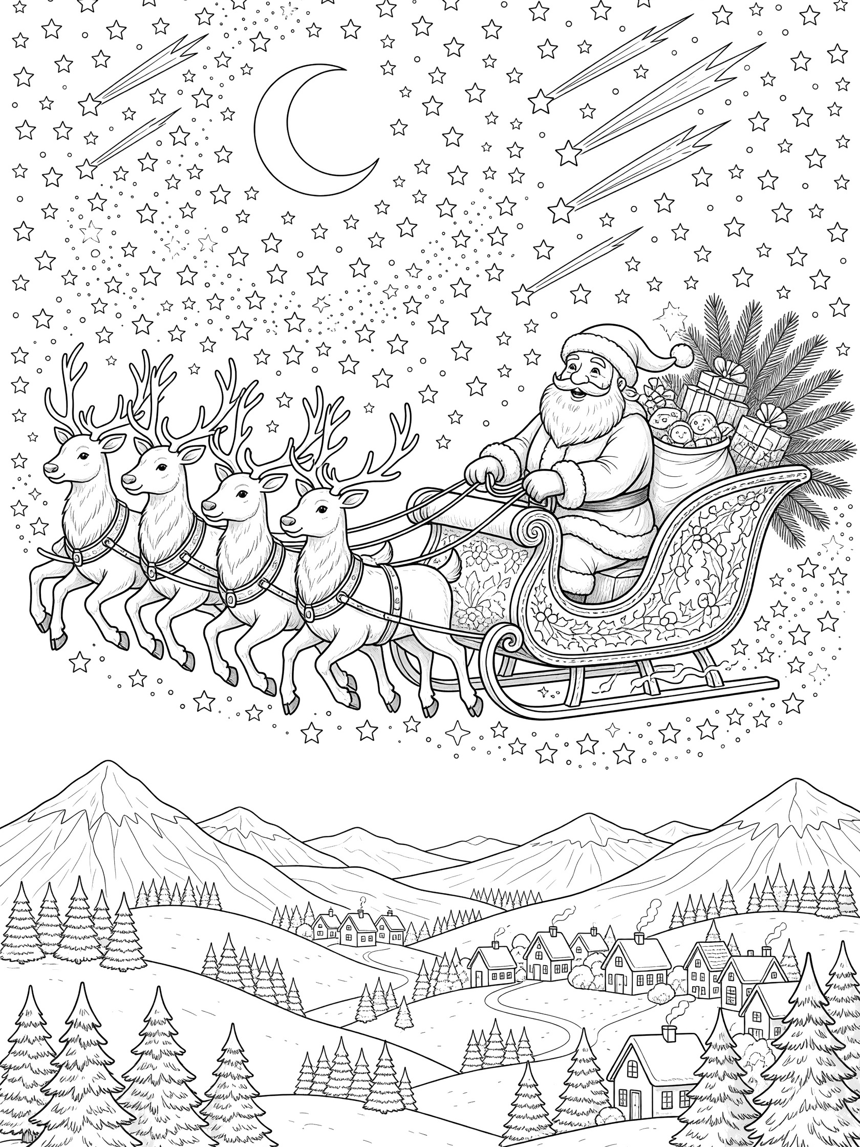 Black and white line art of Santa's sleigh with reindeer flying over snowy village under starlit sky coloring page