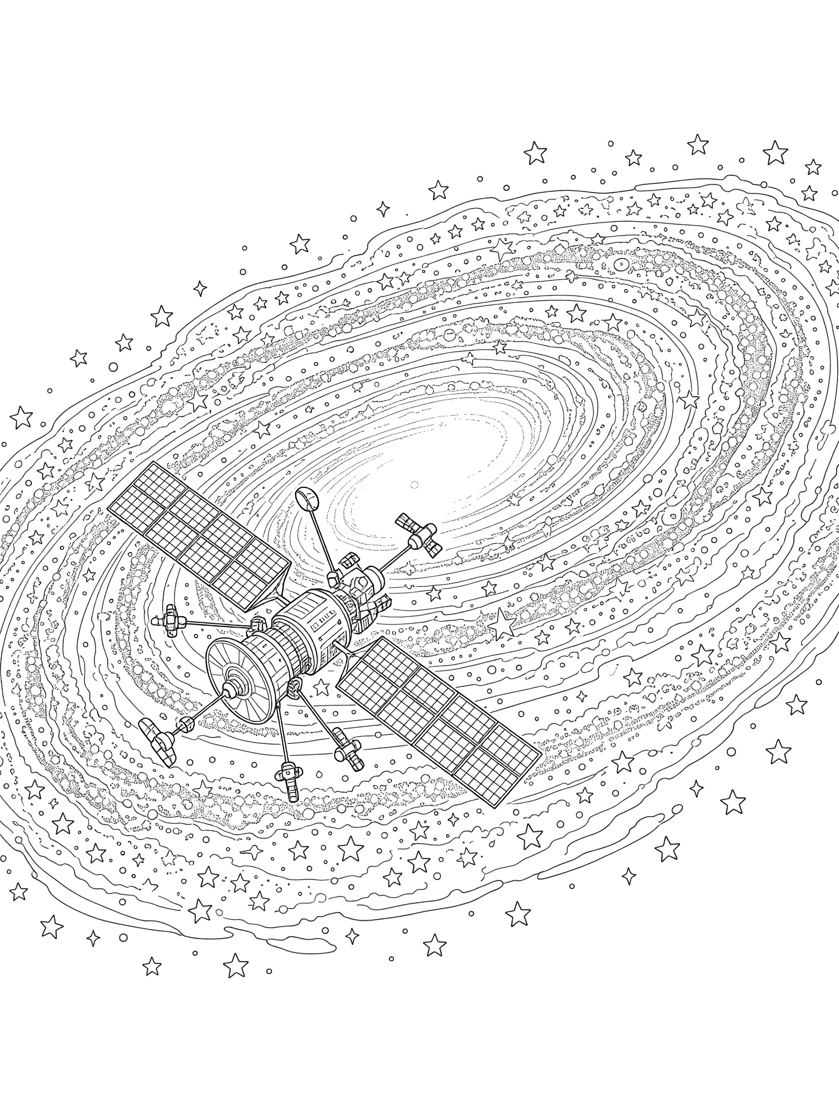 Black-and-white coloring page of a detailed satellite orbiting the Andromeda Galaxy with spiral arms, stars, and clouds