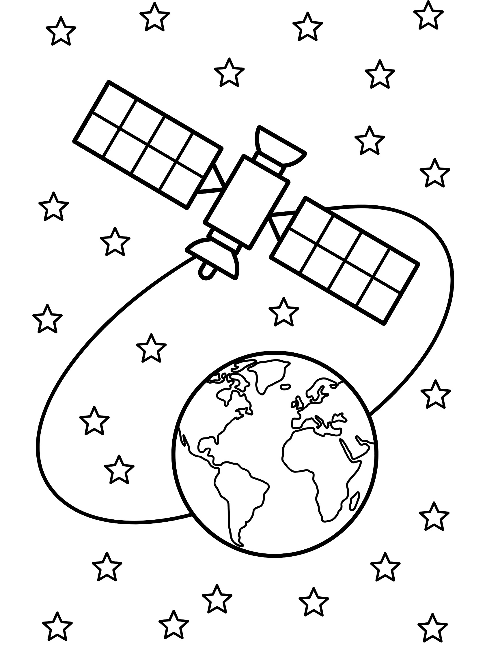 Black and white coloring page of a satellite with extended solar panels floating in space above Earth, stars and orbital path