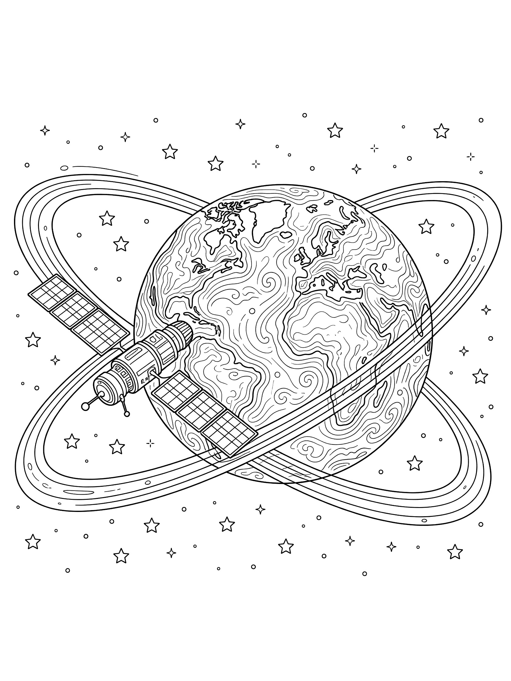 Black and white coloring page of a satellite circling Earth from space with orbit paths, detailed clouds, landmasses, and distant stars.