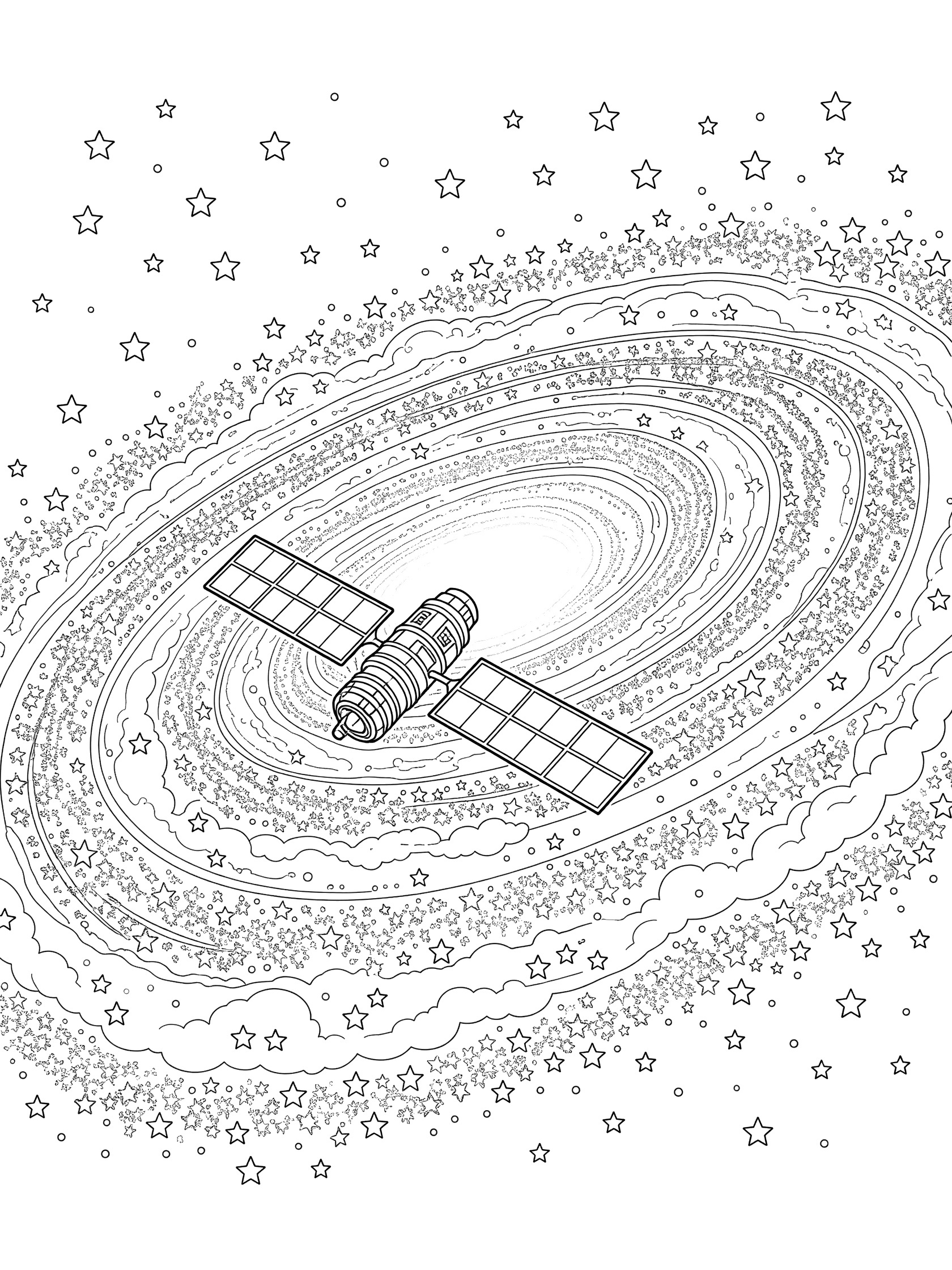 Black and white line art of a sturdy satellite circling the glowing core of the Milky Way, spiral arms extending out with stars and clouds.