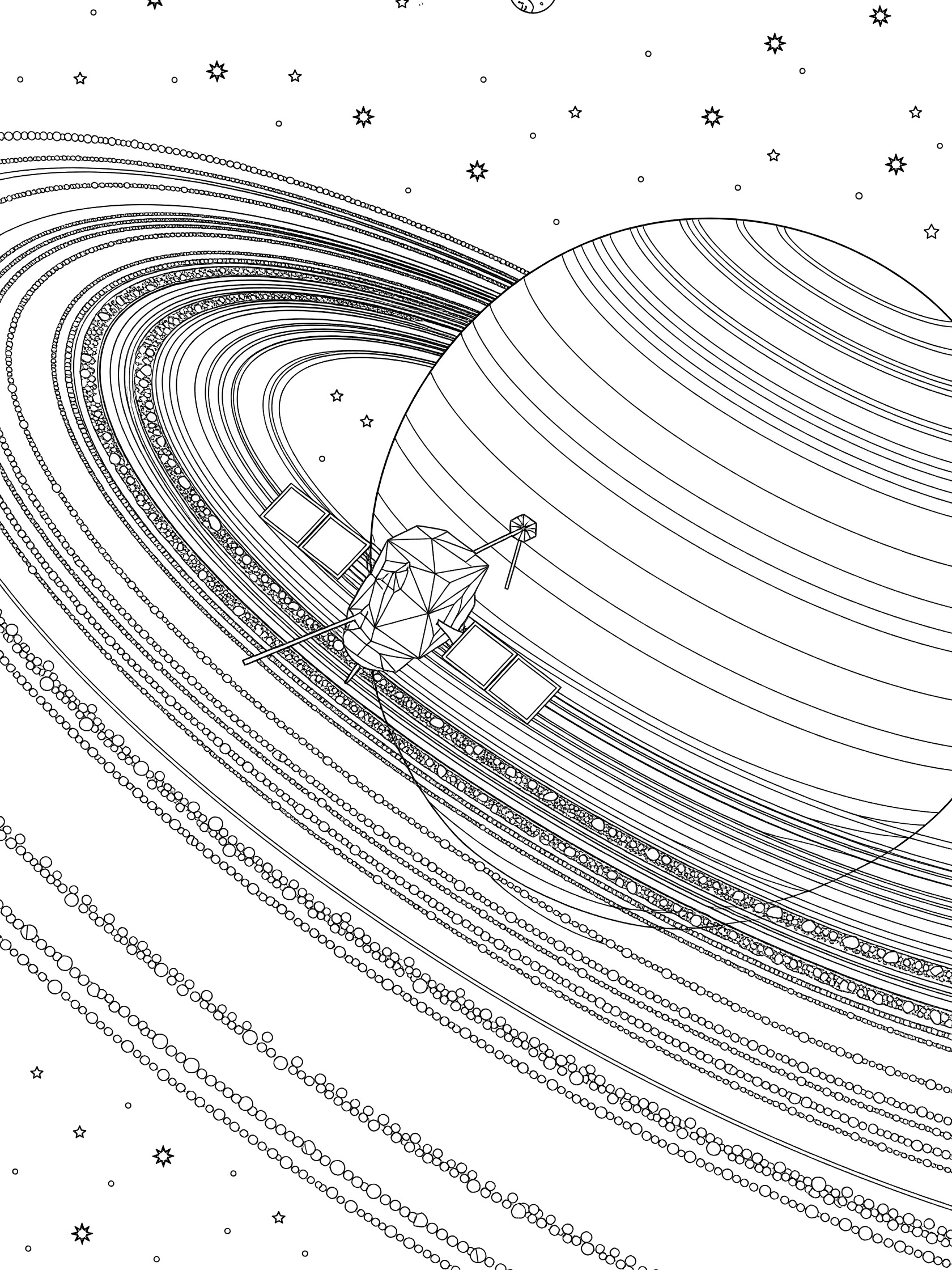 Line art coloring page showing a geometric probe flying through the gaps in Saturn's detailed rings, with the striped planet, distant stars, and small moon visible.