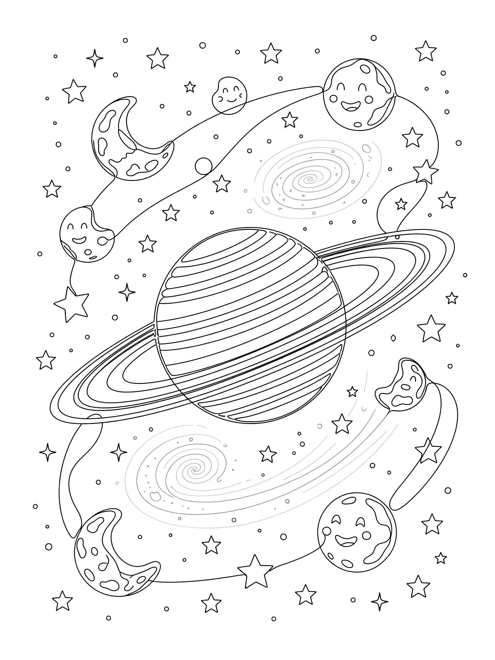 Line art coloring page showing Saturn's banded globe and rings with smiling whimsical moons orbiting around, stars and faint galaxy in the background