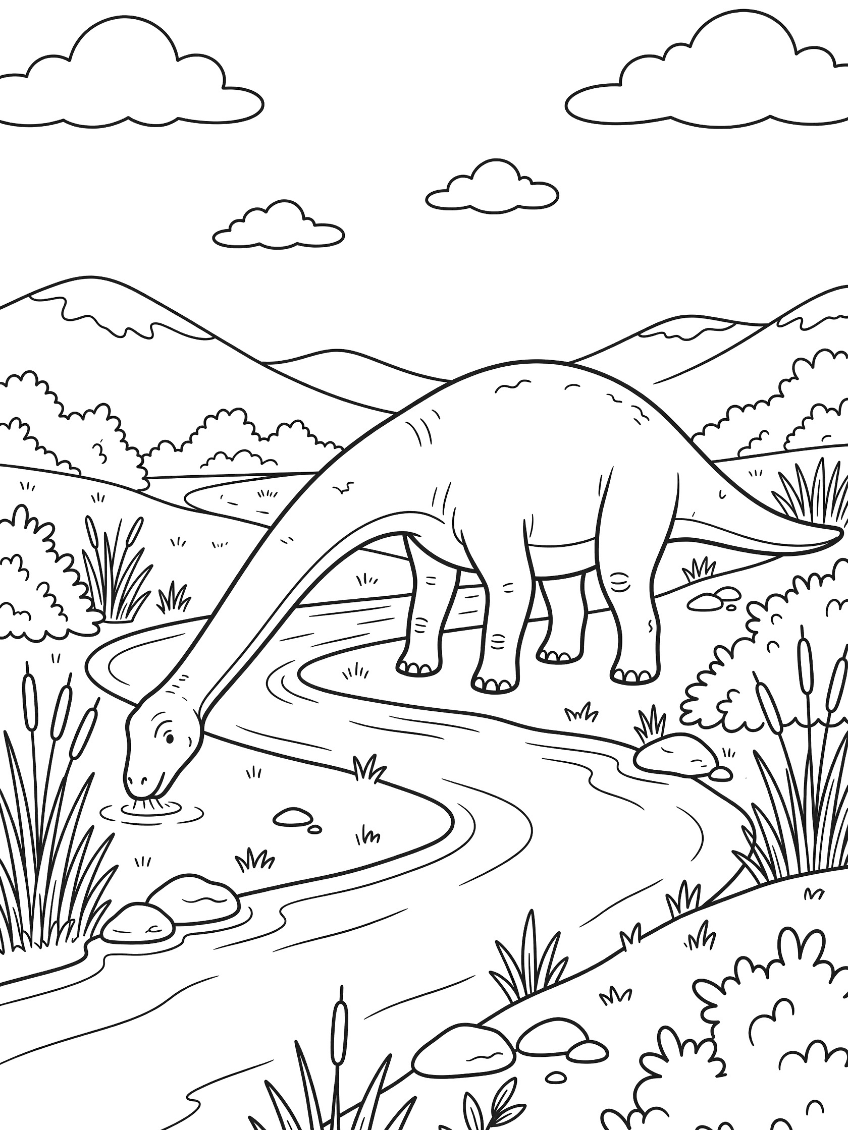 Line art coloring page showing a Sauroposeidon with long neck drinking from a river surrounded by reeds, rocks, ferns, hills and clouds