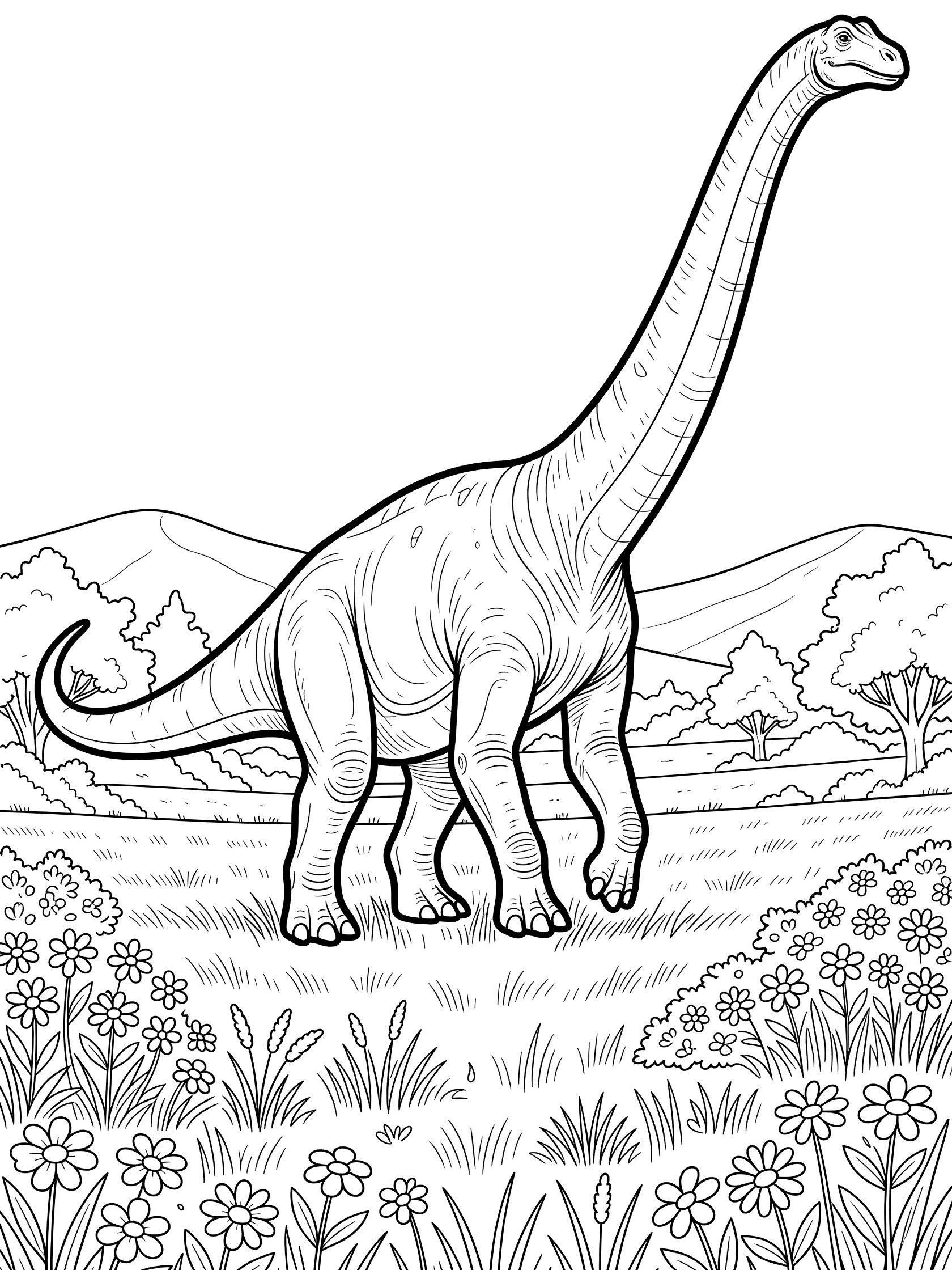 Black-and-white coloring page of a Sauroposeidon dinosaur with long neck and tail walking mid-step in a lush meadow with flowers, grasses, bushes, trees, and distant hills.