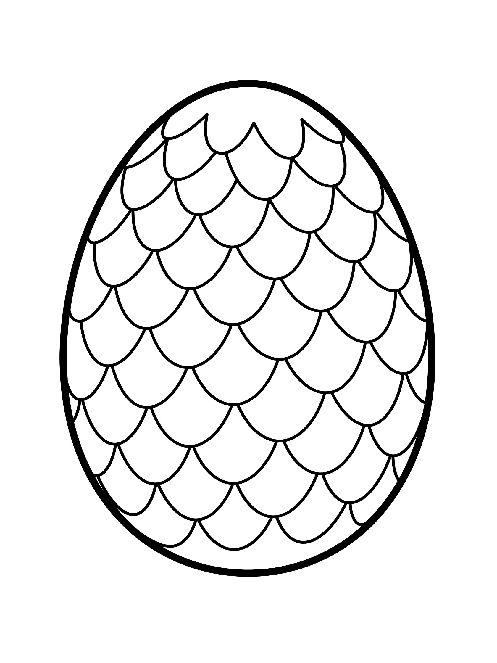 Black and white line art coloring page showing a single large rounded dragon egg covered in gentle scale patterns, centered on a white background.