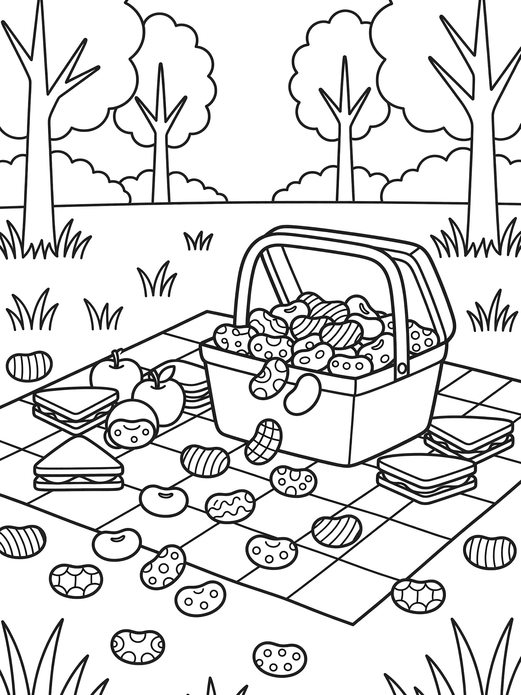 Line art coloring page showing jelly beans scattered on a picnic blanket with open basket, triangular sandwiches, round fruits, grass, and background trees