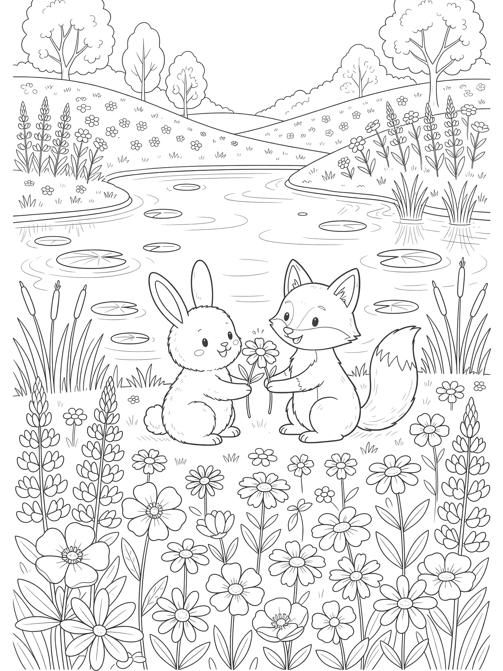 Black and white coloring page of scenic lakes scene with fluffy bunny and cheerful fox sitting on flower bank sharing daisy, wildflowers, rippling water with lily pads, reeds, hills and trees