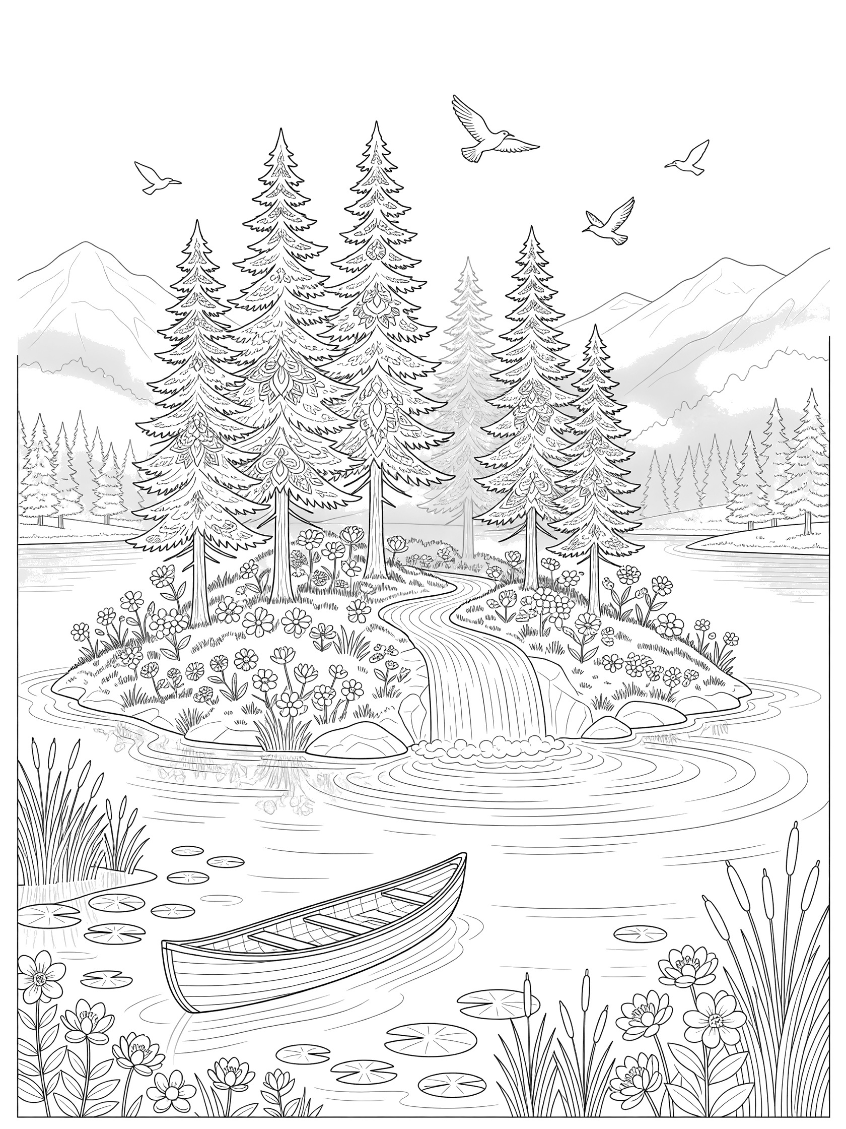 Black and white line art of a scenic lake with lush island, pine trees, flowers, waterfall, wooden canoe, lily pads, reeds, flying birds, and background mountains.