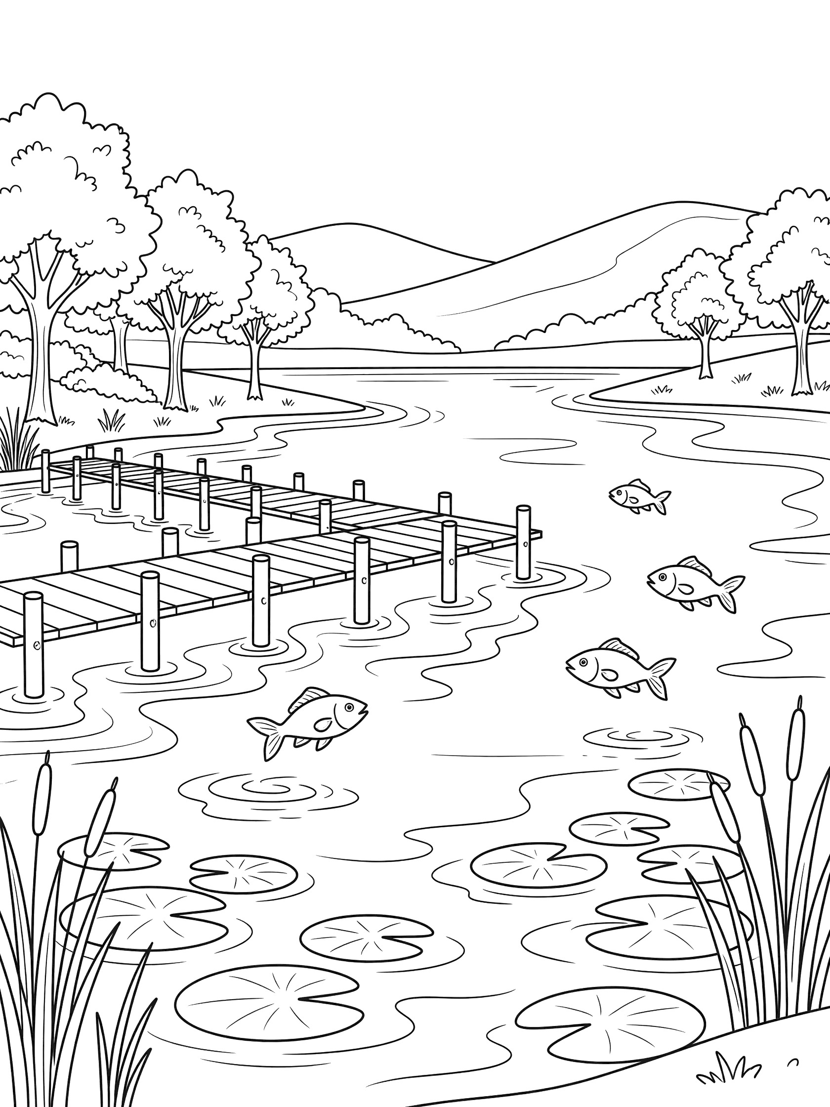Scenic lakes coloring page showing a long wooden pier over calm water with playful fish, lily pads, tall reeds, shore trees and rolling hills.