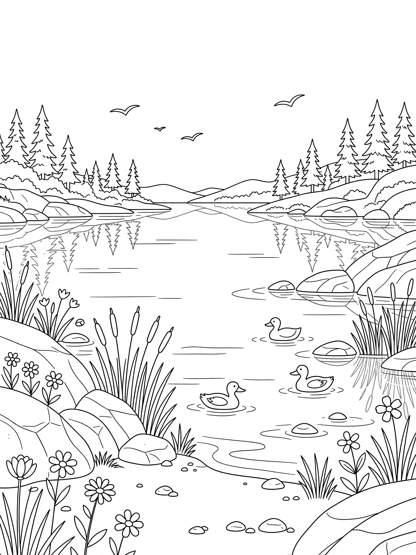 Black and white line art of a scenic lakes scene with jagged rocks, pebbles, tall reeds, wildflowers, calm rippled water, ducks swimming, birds flying, pine trees on hills and reflections.