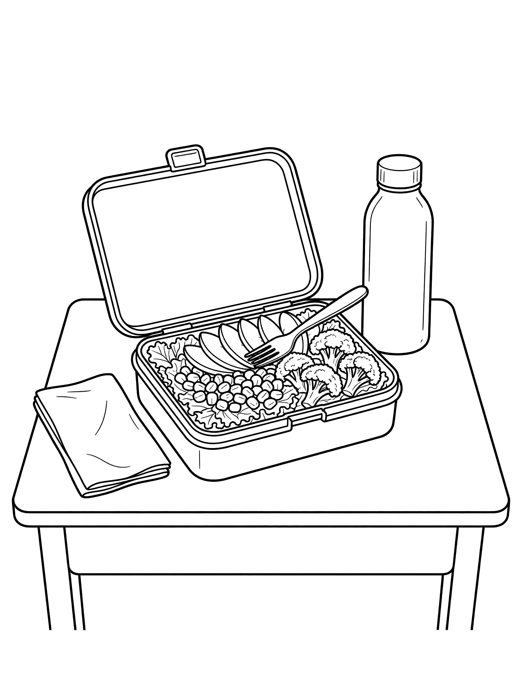 Printable coloring page showing a salad with kale, corn kernels, broccoli florets and apple slices in an open lunchbox on a desk, with fork, water bottle and napkin.