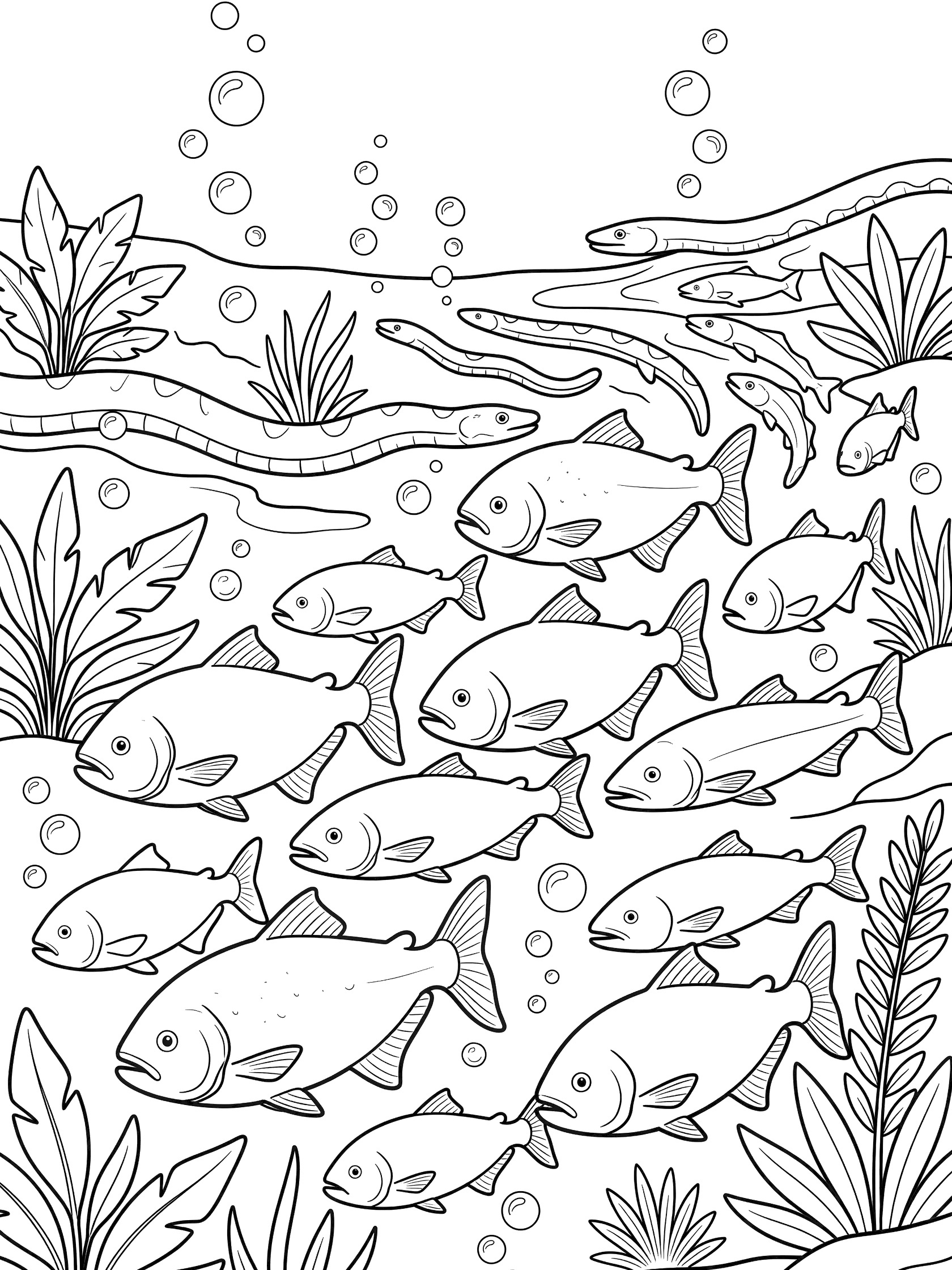 Black and white line art coloring page of a school of streamlined fish swimming with long eels, surrounded by wavy plants and round bubbles. Amazon River themed black and white printable line art