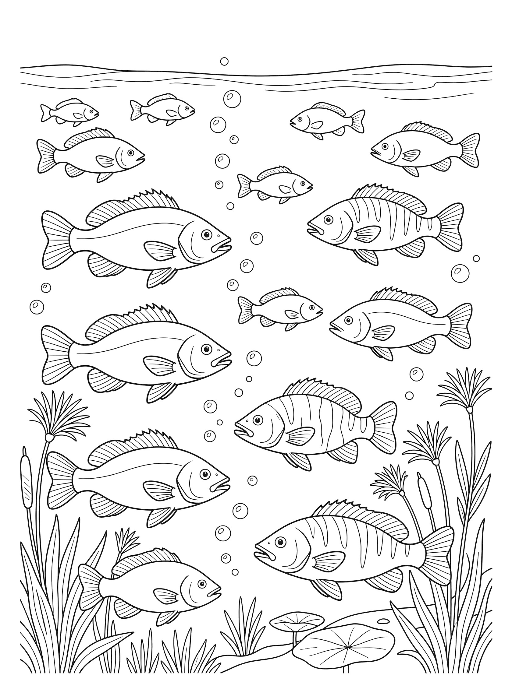 Black and white line art coloring page showing a group of fish swimming together in a pond with water plants, bubbles, wavy water lines, and lily pads. The Nile River themed black and white printable line art