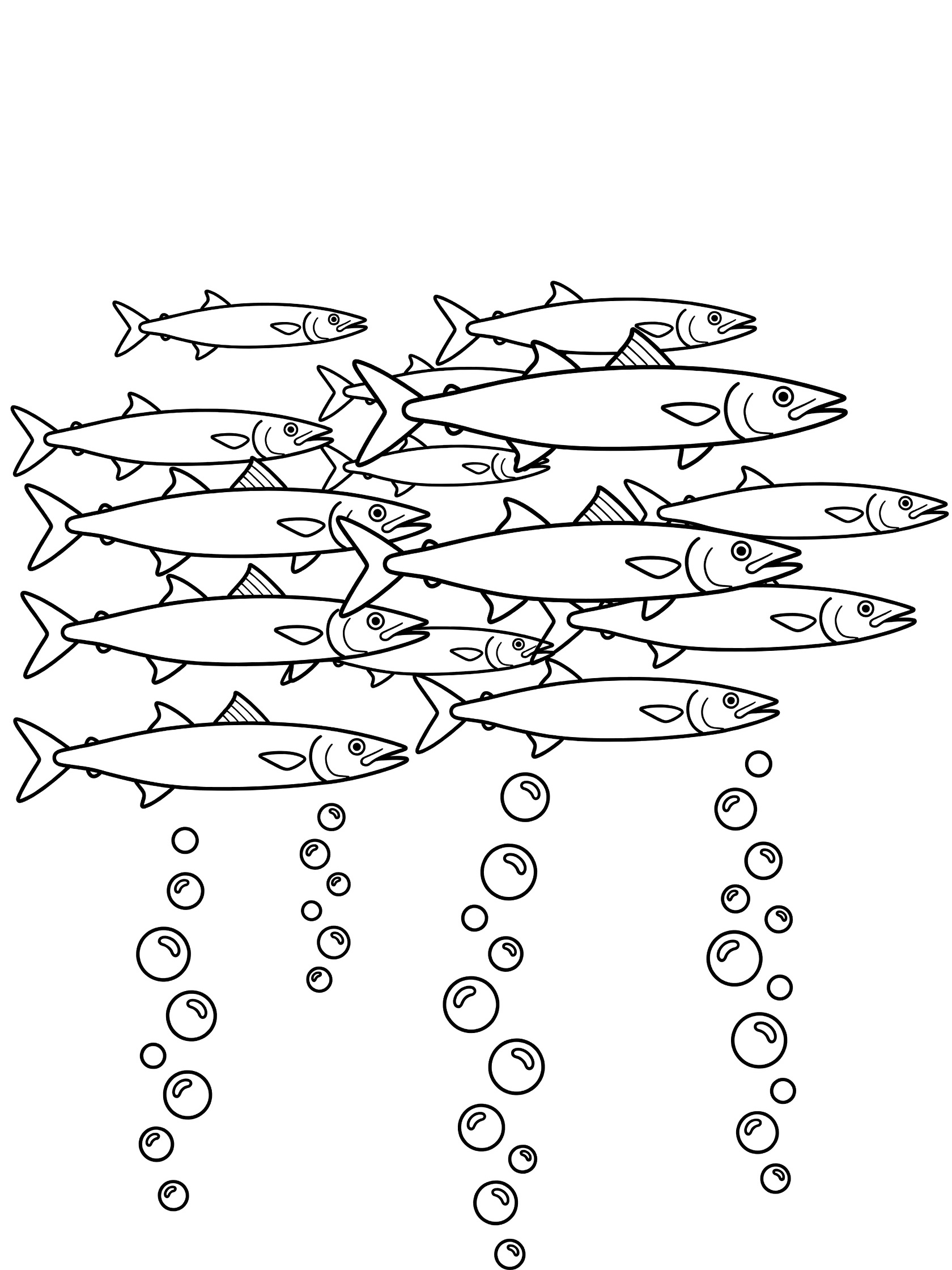 Black and white line art coloring page showing a tight school of long fish swimming across the page with bubbles below them. Barracuda themed black and white printable line art