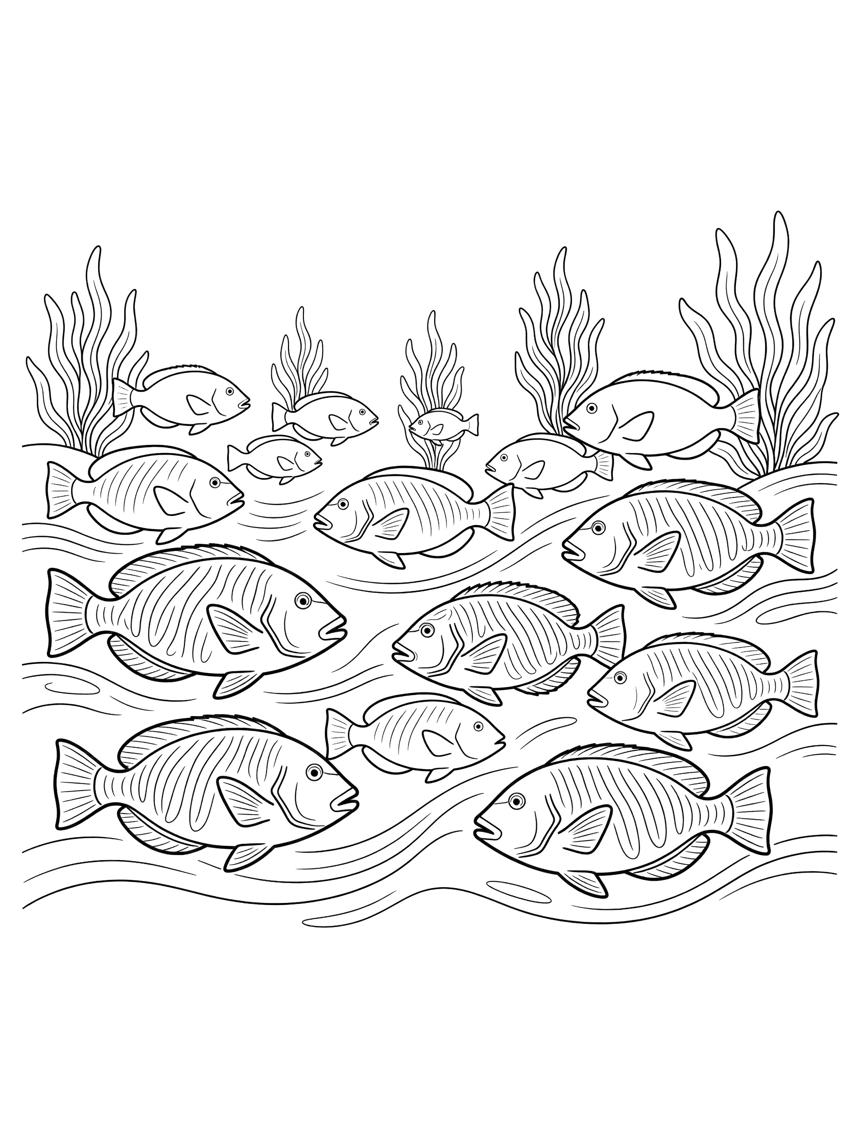 Black and white line art coloring page showing a group of fish in a school swimming near tall seaweed with wavy water lines. Triggerfish themed black and white printable line art