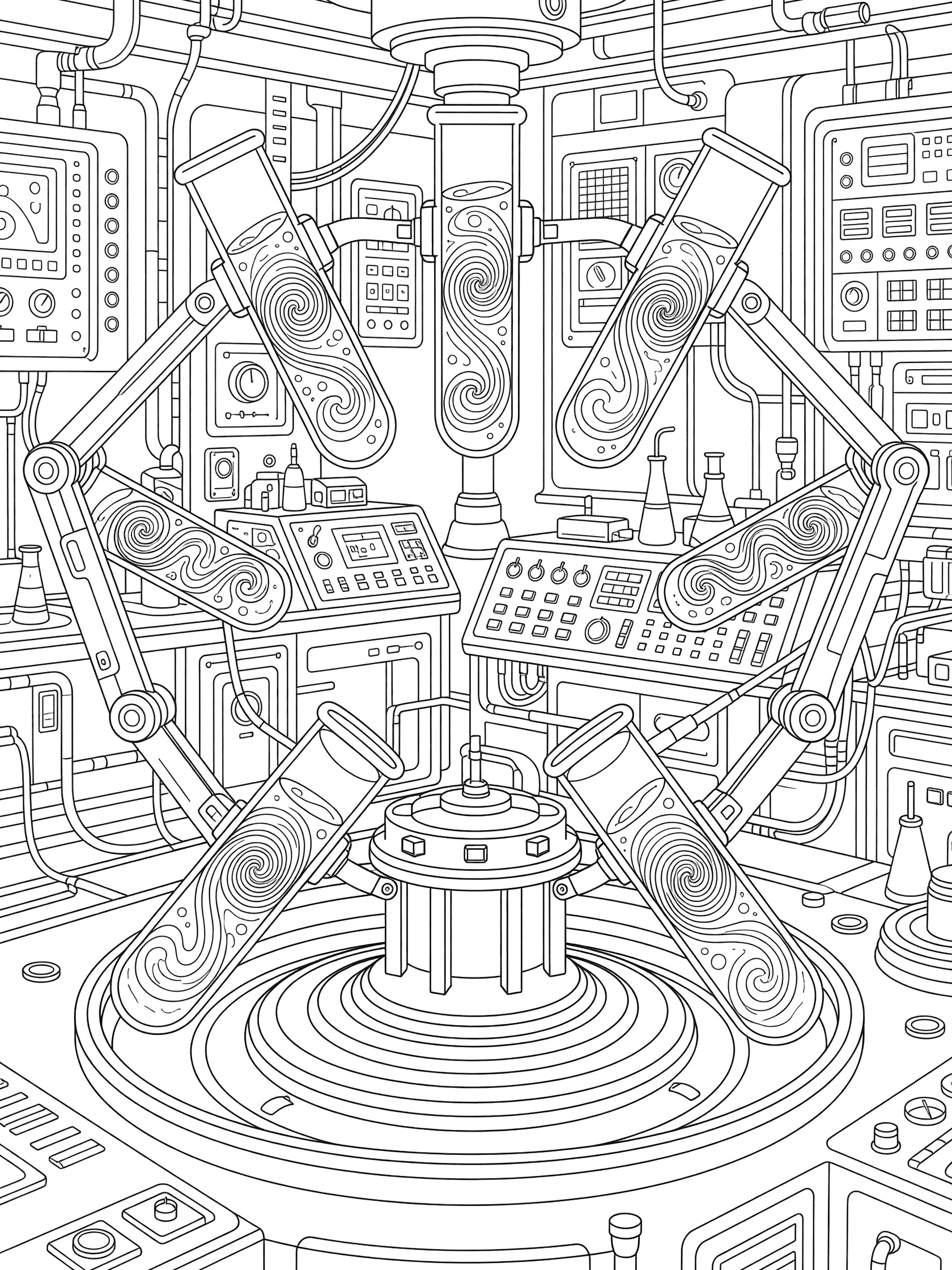 Black and white line art of test tubes spinning rapidly in a sci-fi centrifuge with detailed lab equipment and control panels